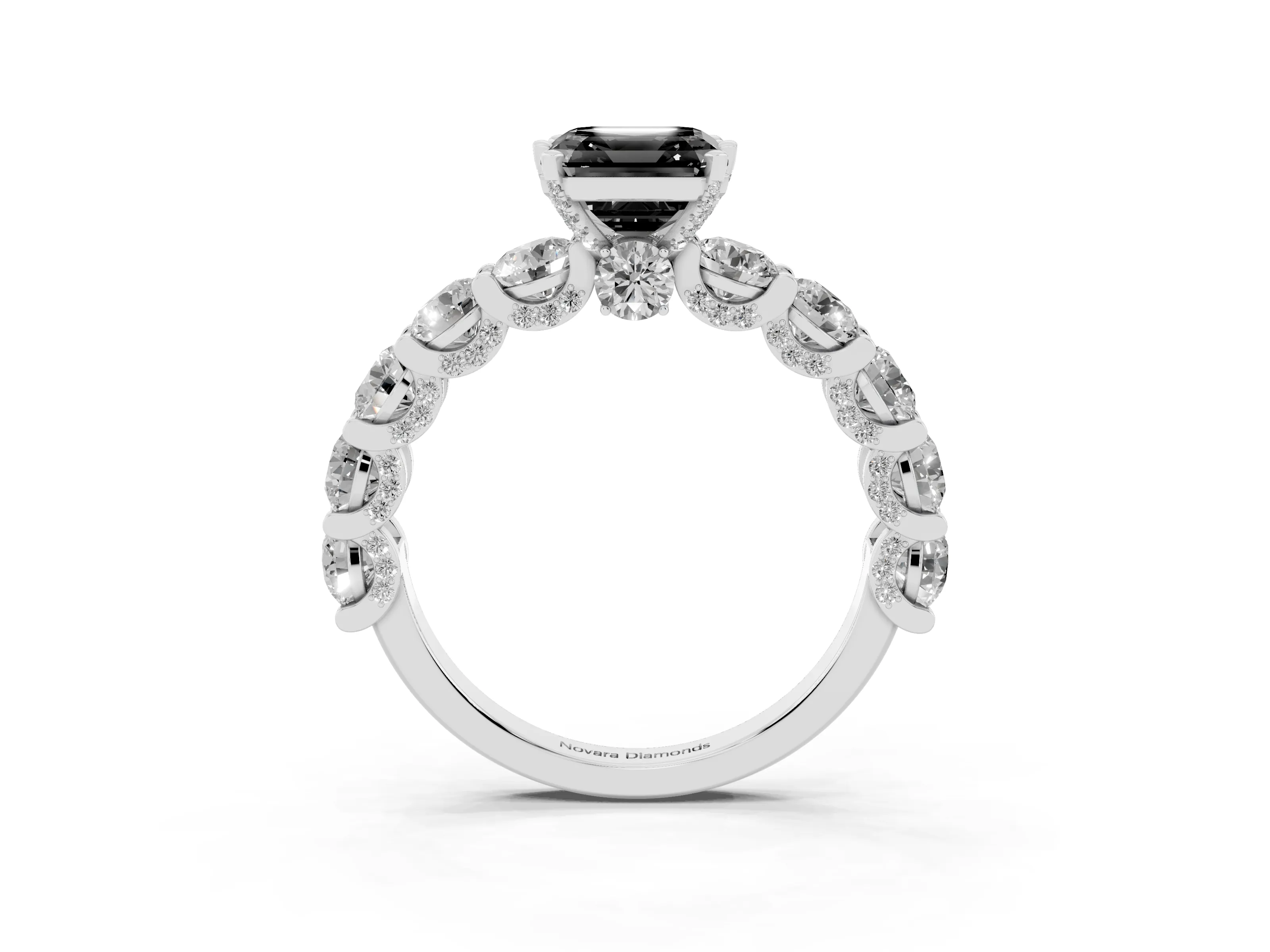Fancy Black Asscher Cut Diamond Side Stone Ring Set in Silver with Alternating Round and Oval Side Stones