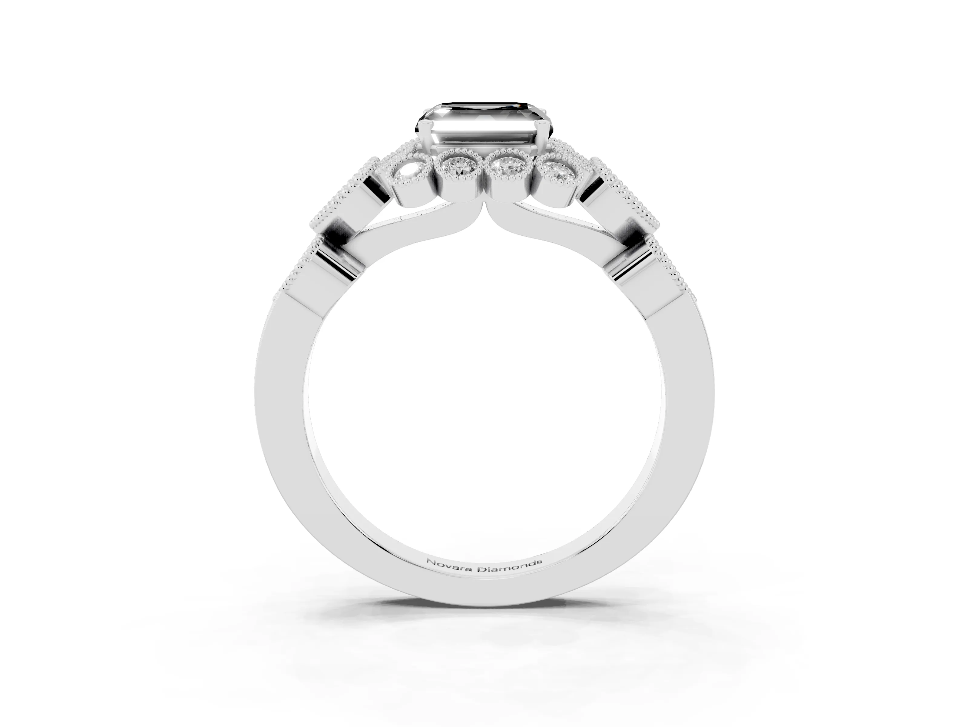 Fancy Black Asscher Cut Diamond Solitaire Ring Set in Platinum with Milgrain Pavé Heart Band
