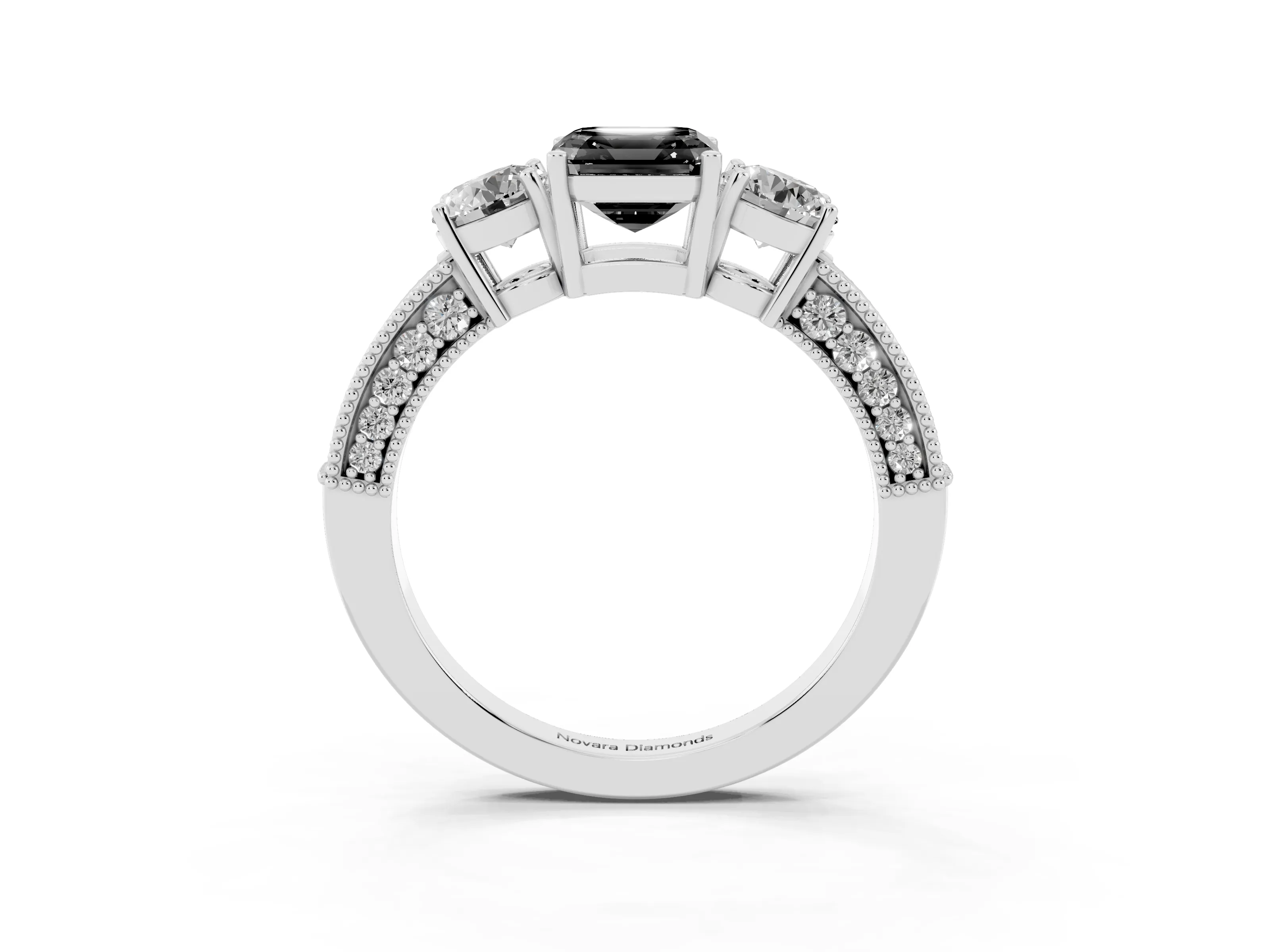 Fancy Black Asscher Cut Diamond Three-Stone Ring Set in White gold with Round Side Stones and Pavé Band