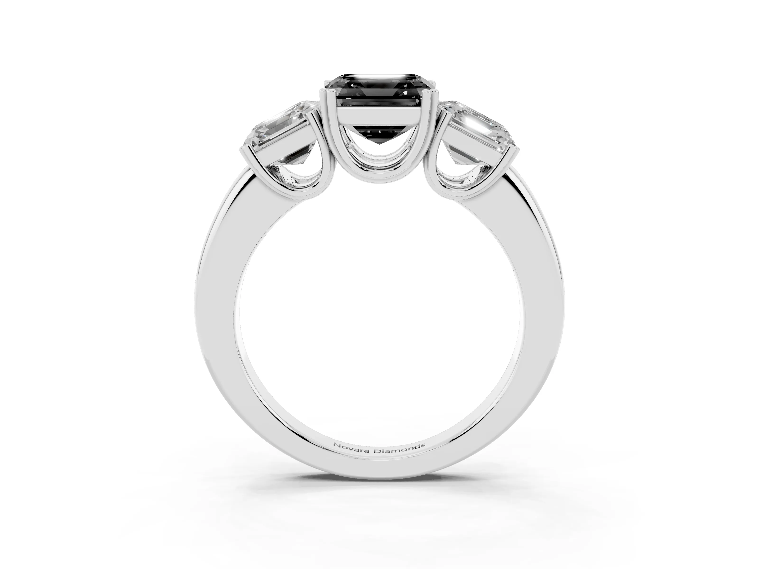 Fancy Black Asscher Cut Diamond Three-Stone Ring Set in Silver with Polished Band and Prong Setting