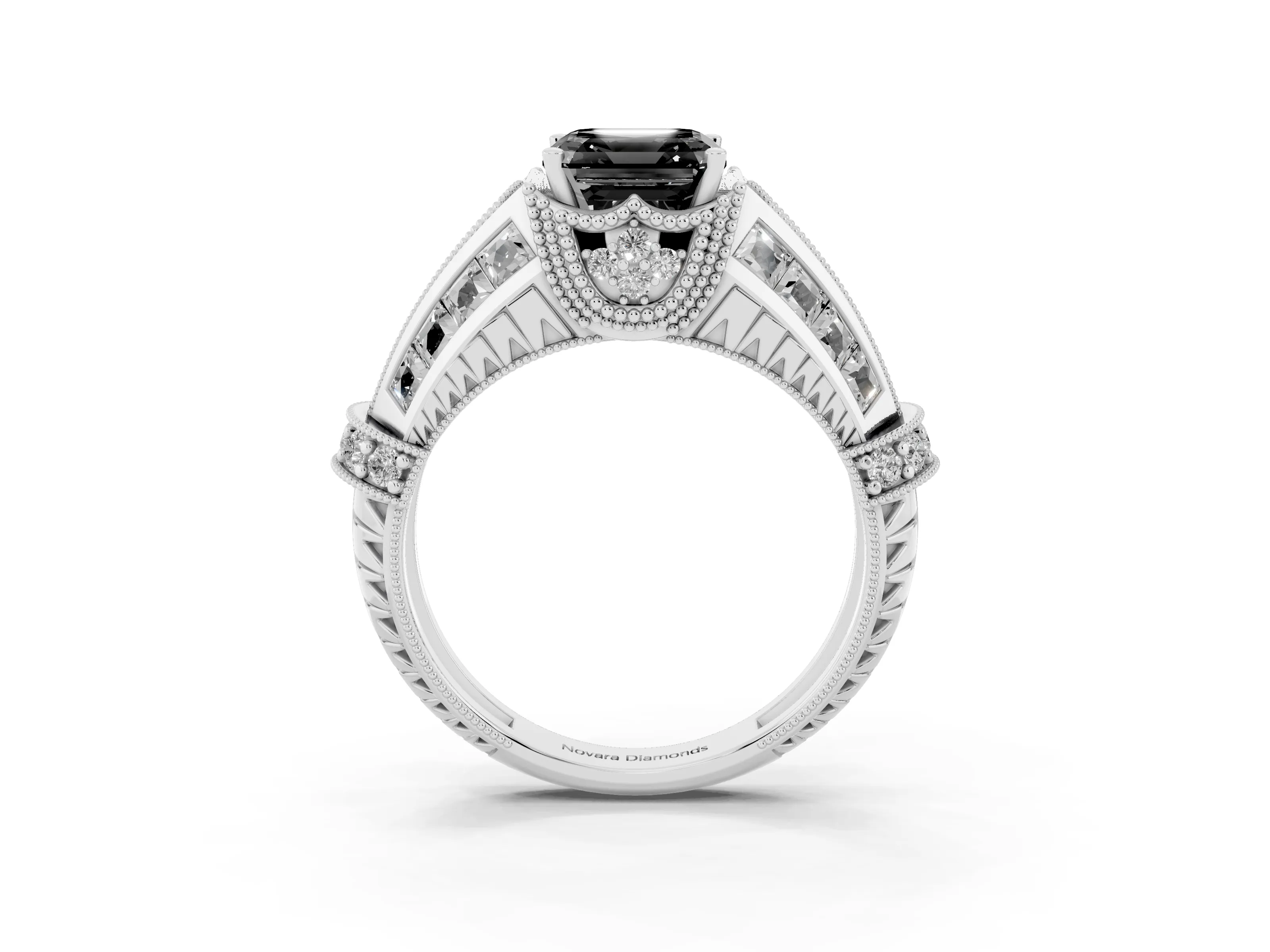 Fancy Black Asscher Cut Diamond Vintage-Inspired Milgrain Ring Set in Platinum with Accent Split Shank