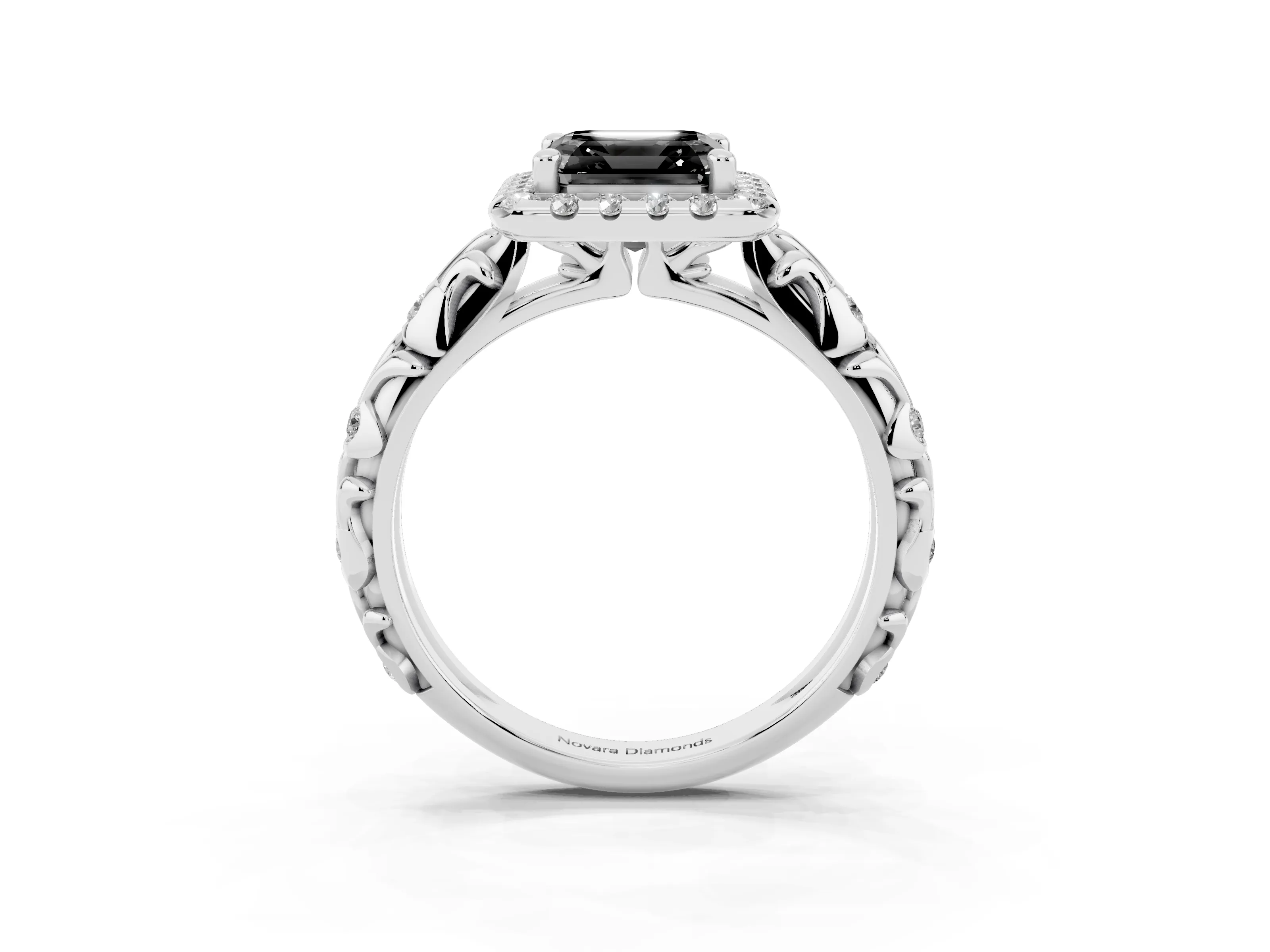 Fancy Black Asscher Cut Diamond Halo Ring Set in Silver with Filigree Leaf Band and Prong Setting