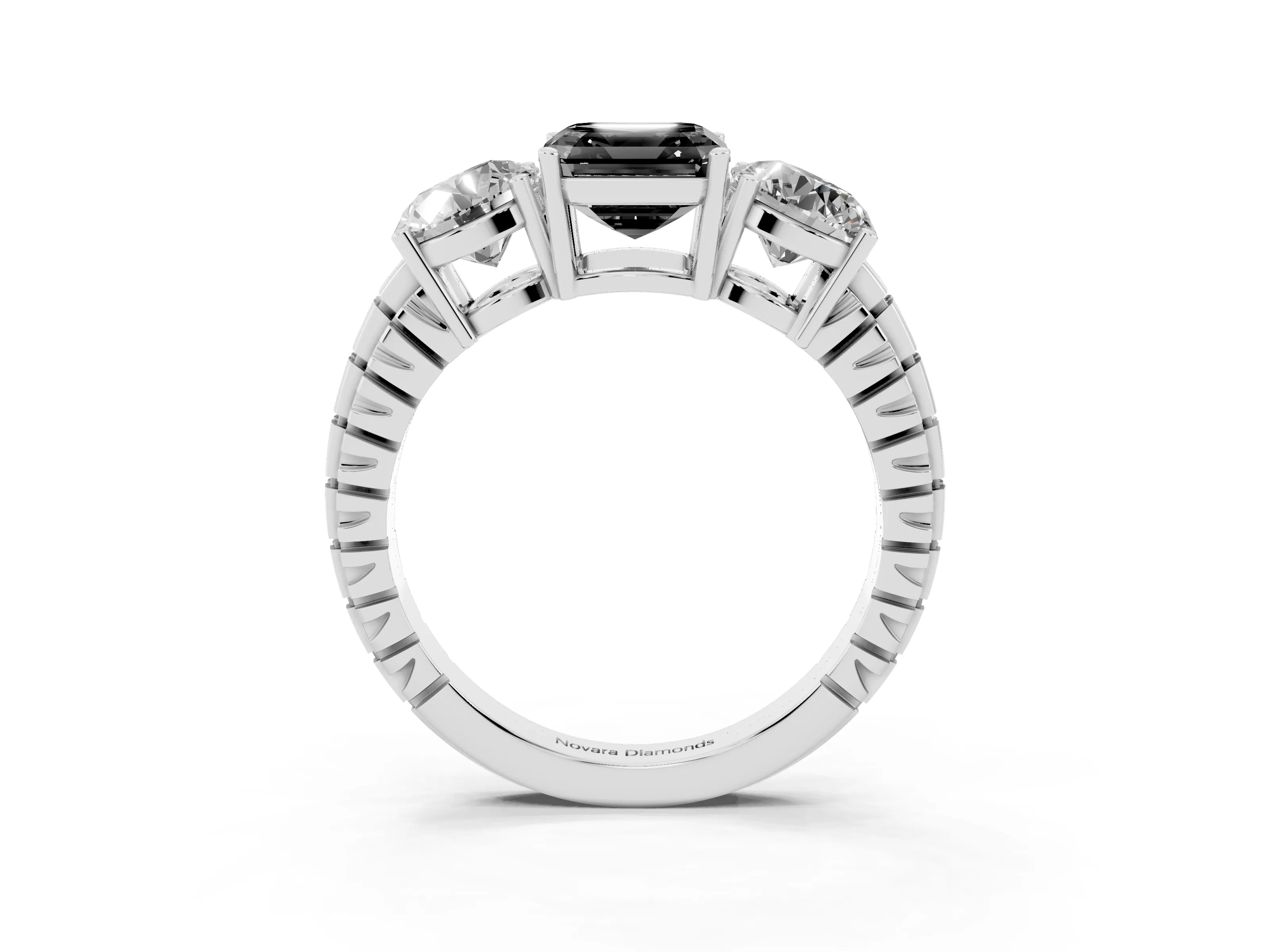 Fancy Black Asscher Cut Diamond Three-Stone Ring Set in Silver with Channel-Set Accent Band