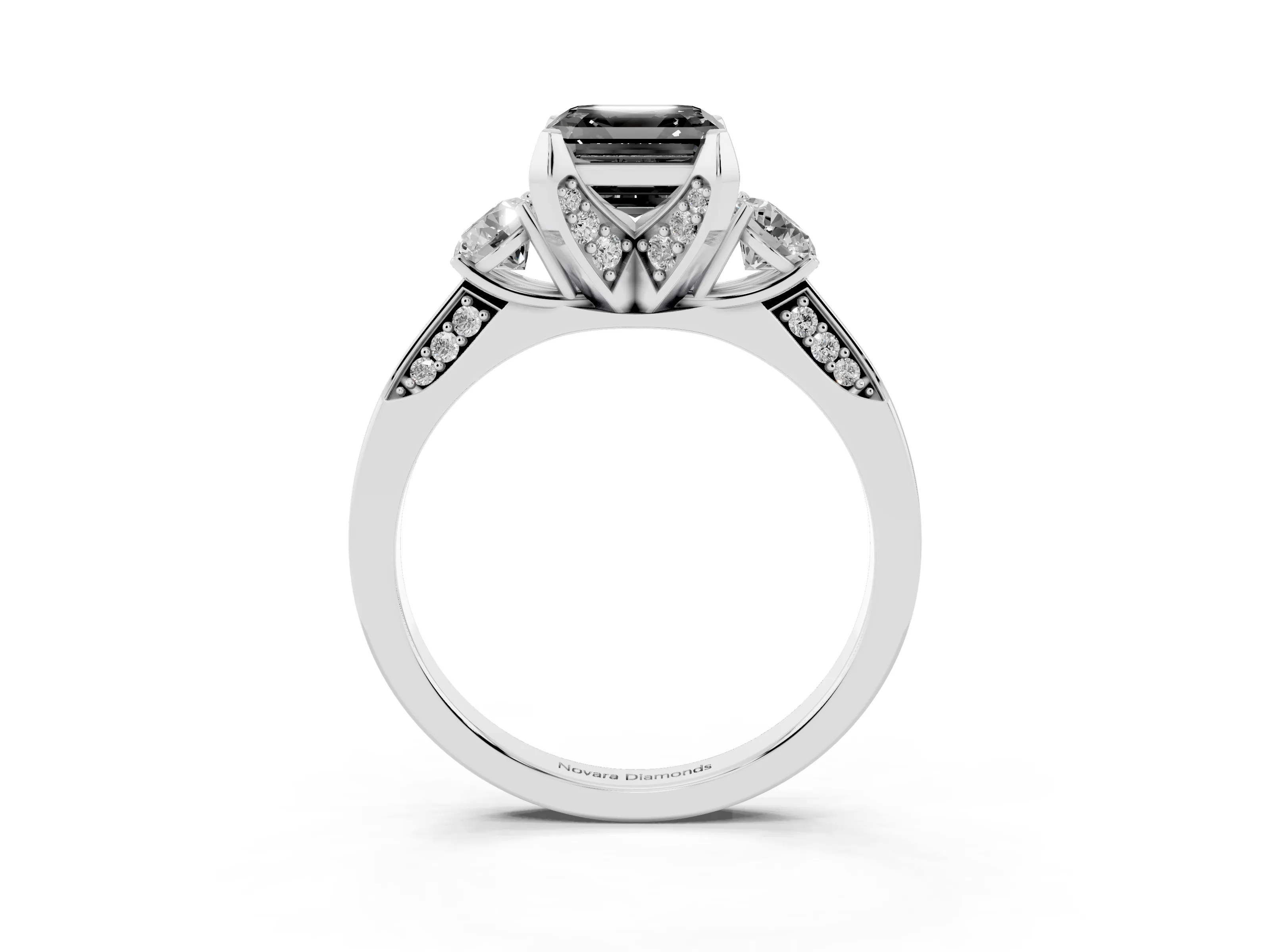 Fancy Black Asscher Cut Diamond Three-Stone Ring Set in Silver with Pavé Band and Smaller Side Stones