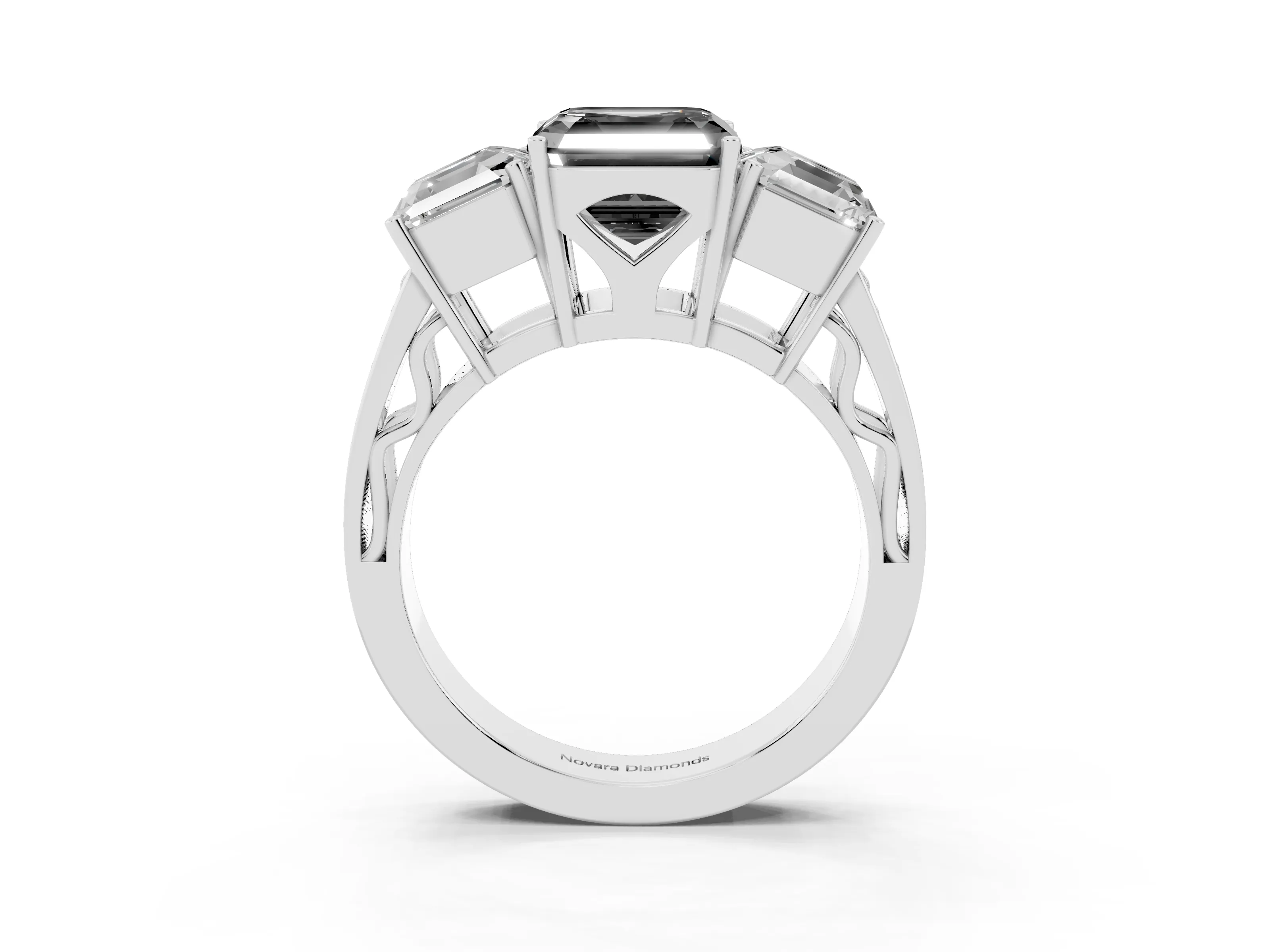 Fancy Black Asscher Cut Diamond Three-Stone Ring Set in White gold with Textured Band