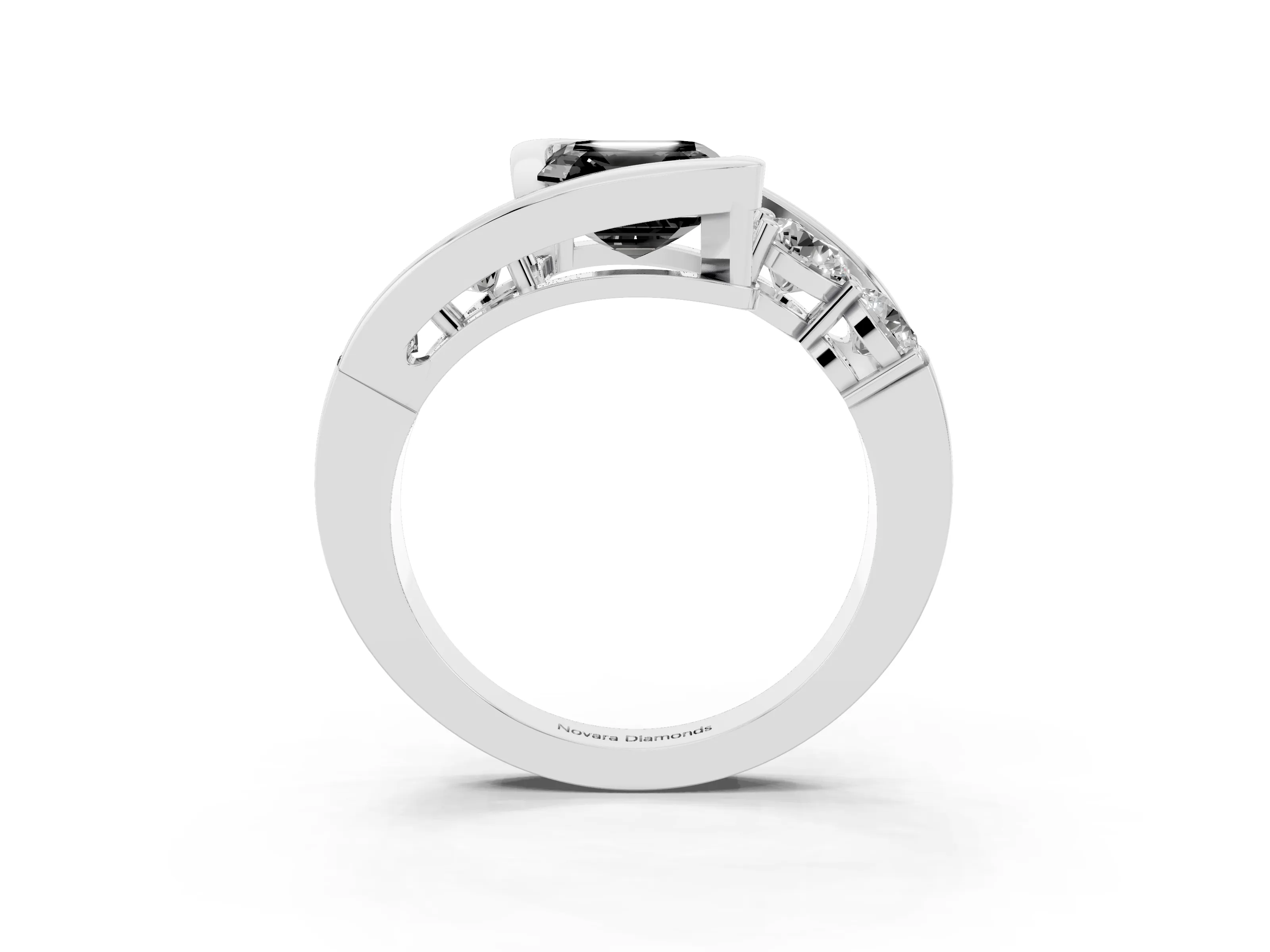 Fancy Black Asscher Cut Diamond Bezel Bypass Ring Set in Silver with Round Accents