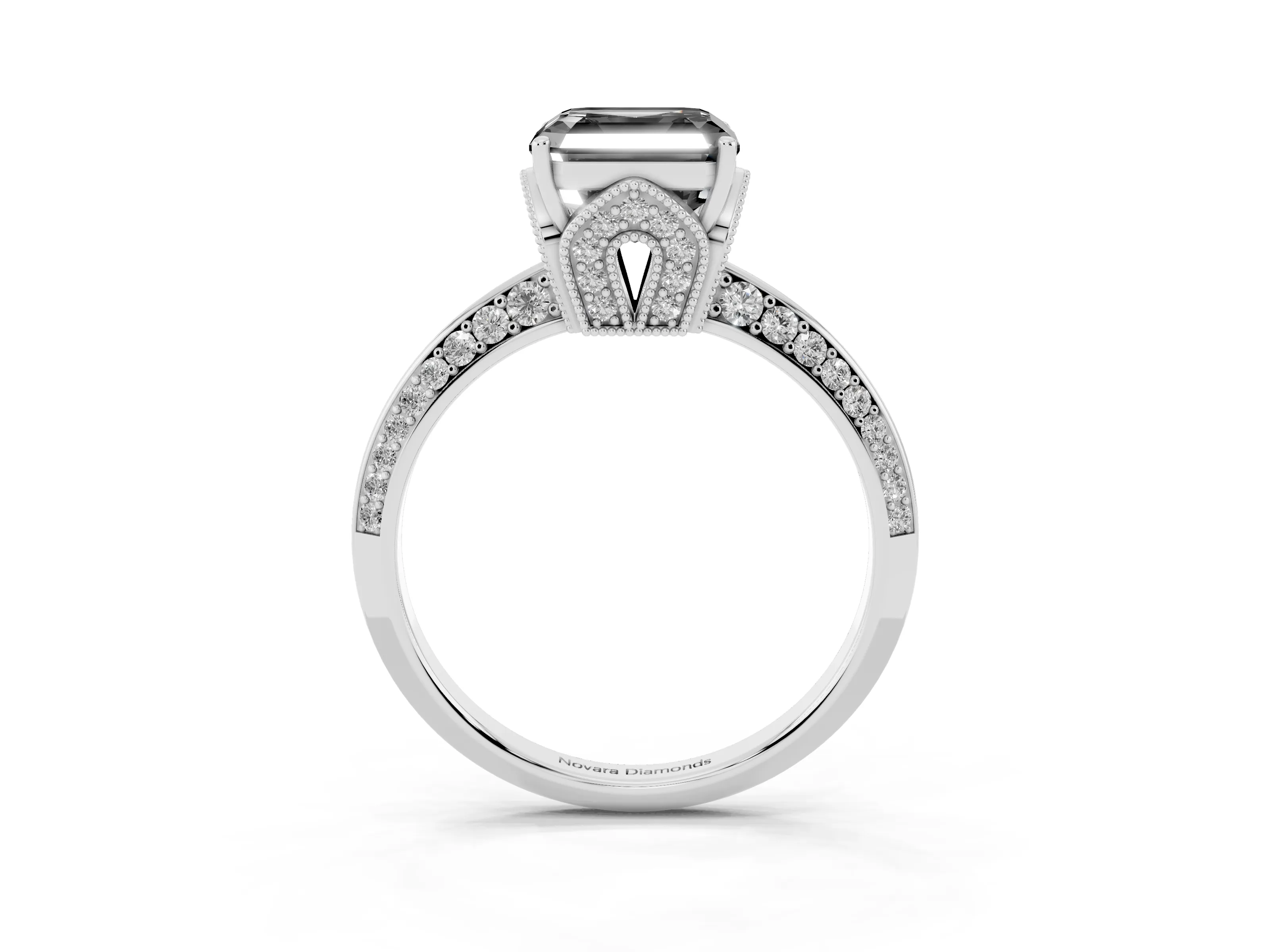 Fancy Black Asscher Cut Diamond Solitaire Engagement Ring Set in White gold with Pavé Split Shank and Prong Setting