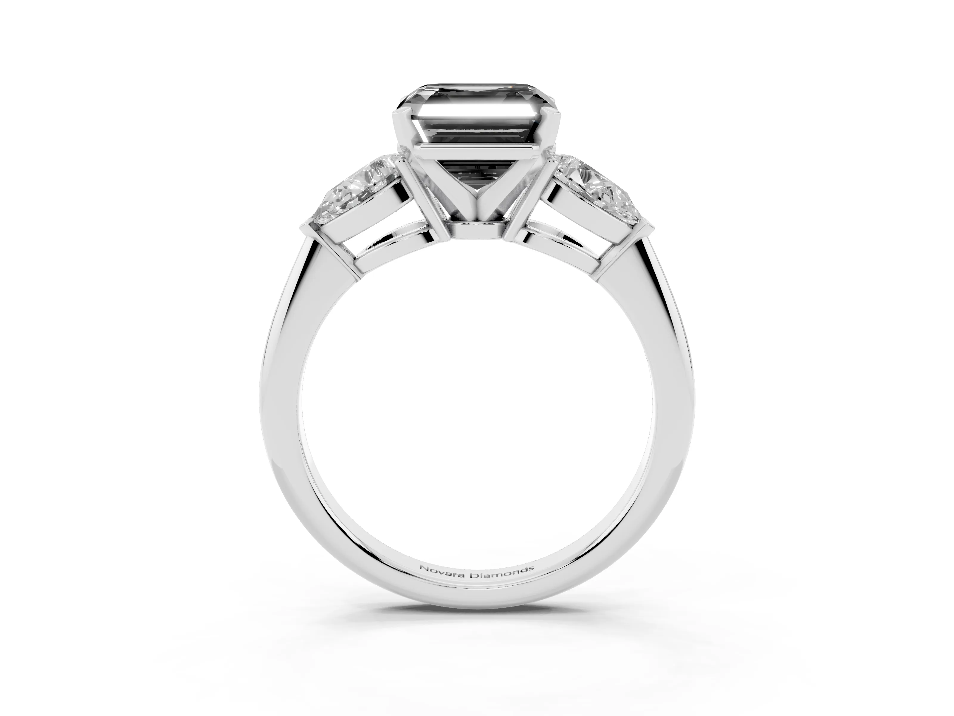 Fancy Black Three-Stone Asscher Cut Diamond Ring Set in Platinum with Pear Side Stones and Prong Setting