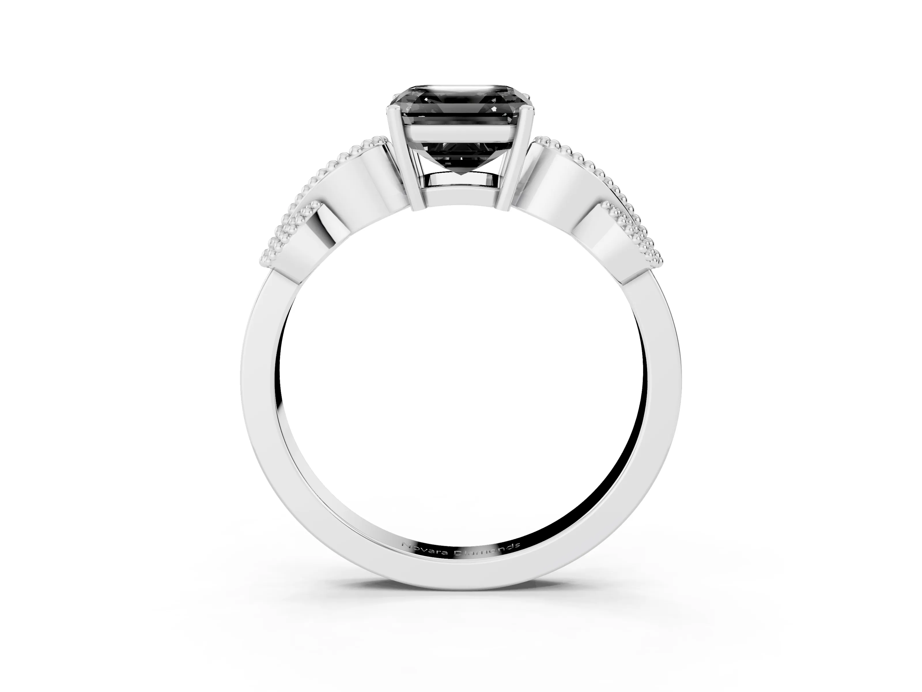 Fancy Black Asscher Cut Diamond Milgrain Leaf Band Solitaire Ring Set in White gold with Accent Stones and Prong Setting