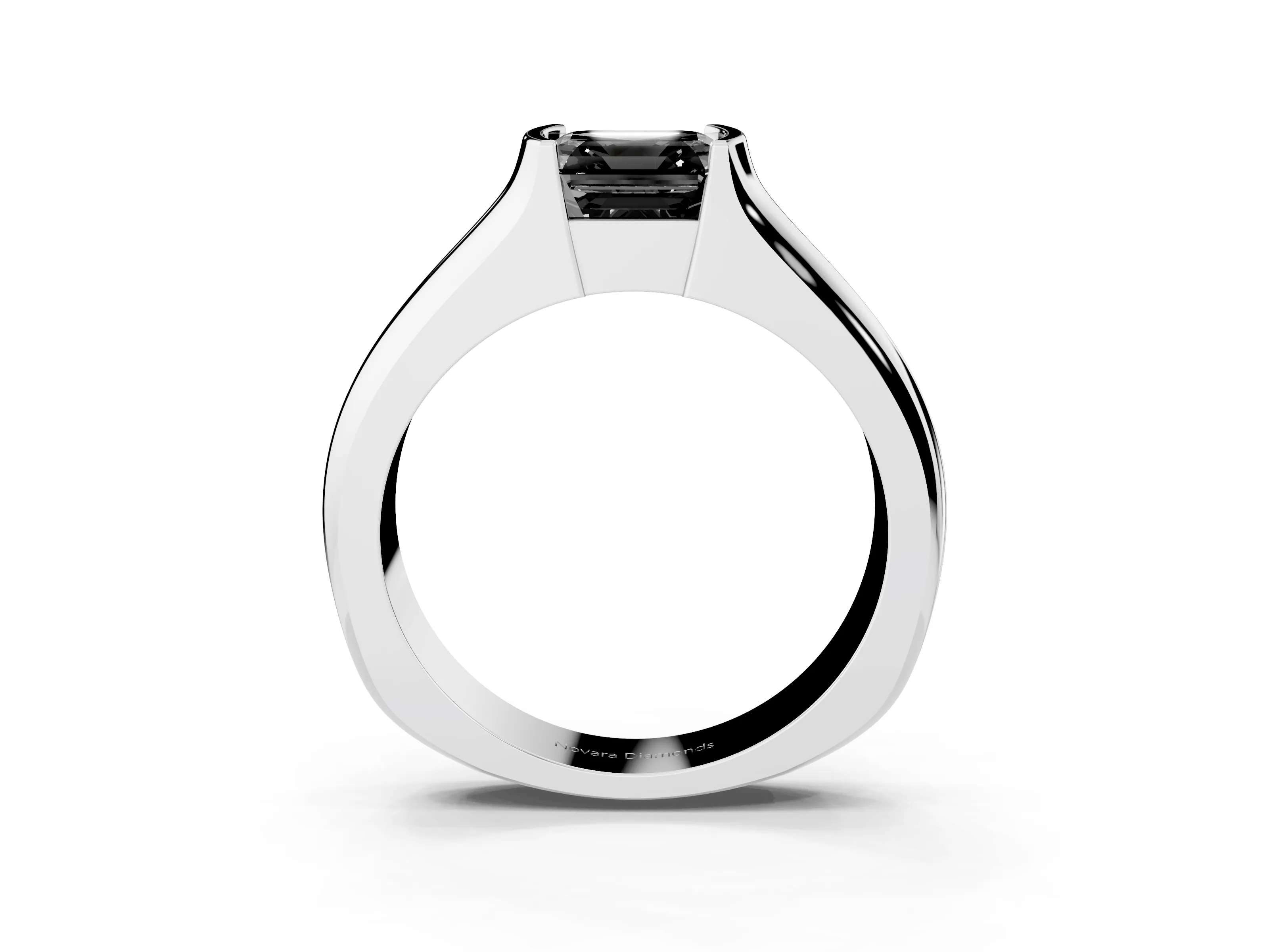 Fancy Black Asscher Cut Diamond Bezel Solitaire Ring Set in White gold with Wide Band