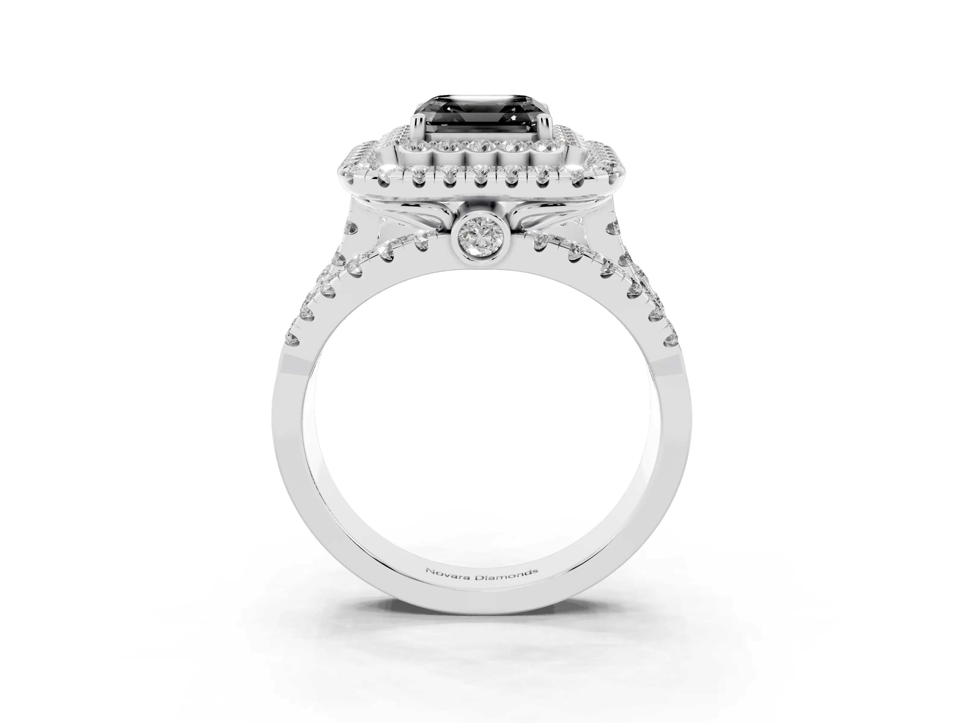 Fancy Black Asscher Cut Diamond Double Halo Ring Set in White gold with Round Pavé Split Shank