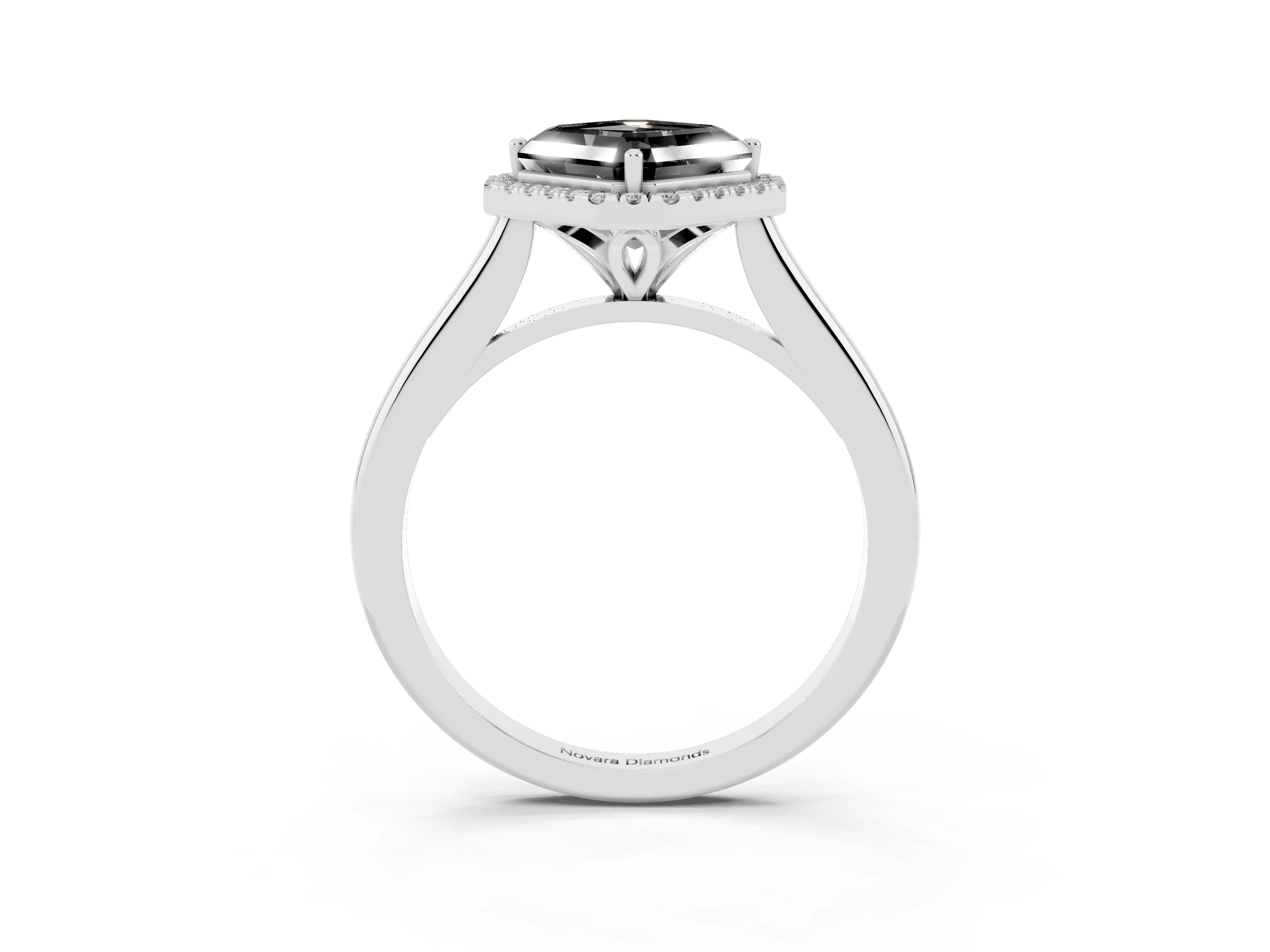 Fancy Black Asscher Cut Diamond Halo Engagement Ring Set in White gold with Pavé Band and Rising Shoulders