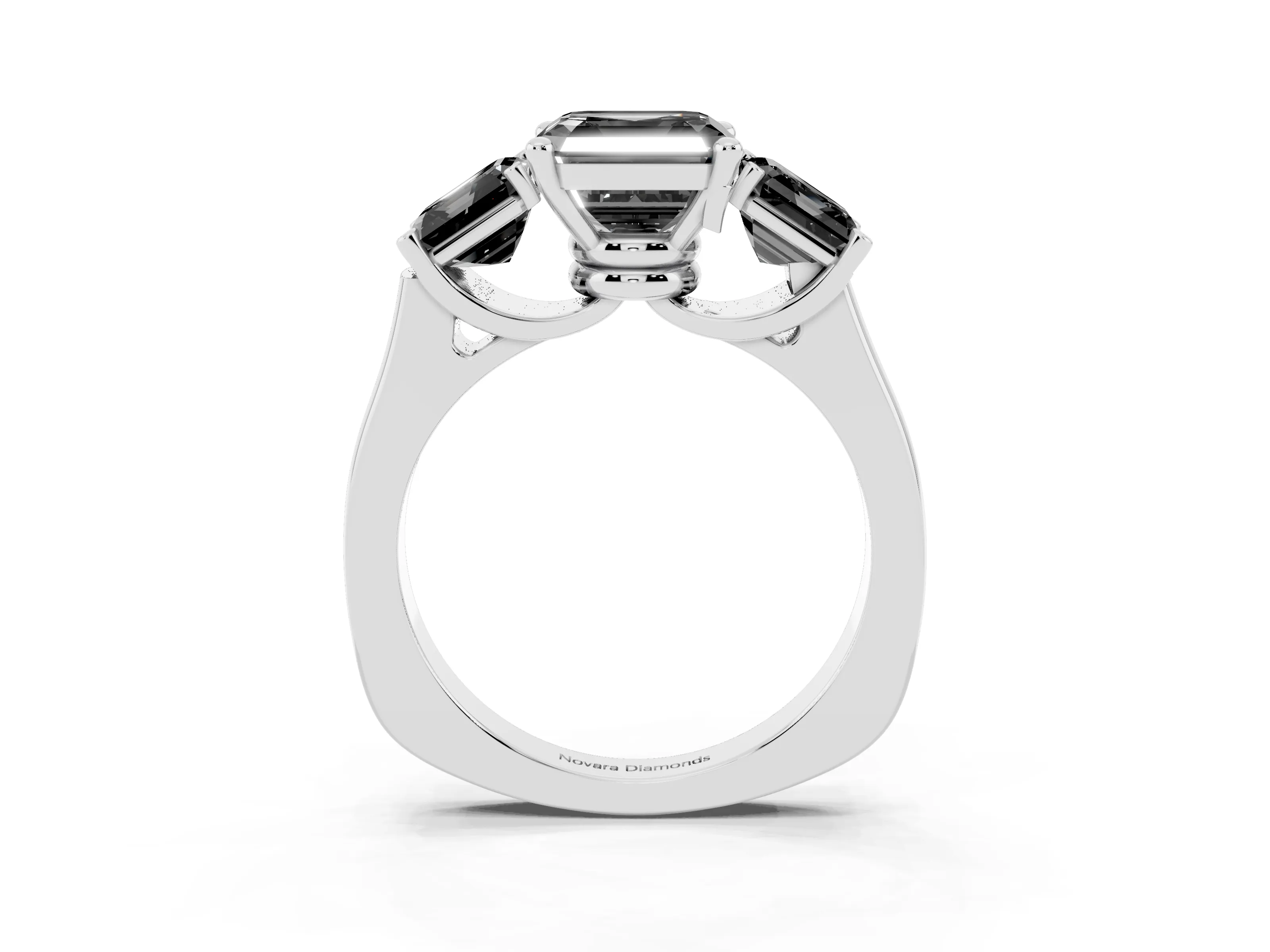 Fancy Black Asscher Cut Diamond Three-Stone Trellis Ring Set in White gold with Comfort Fit Band