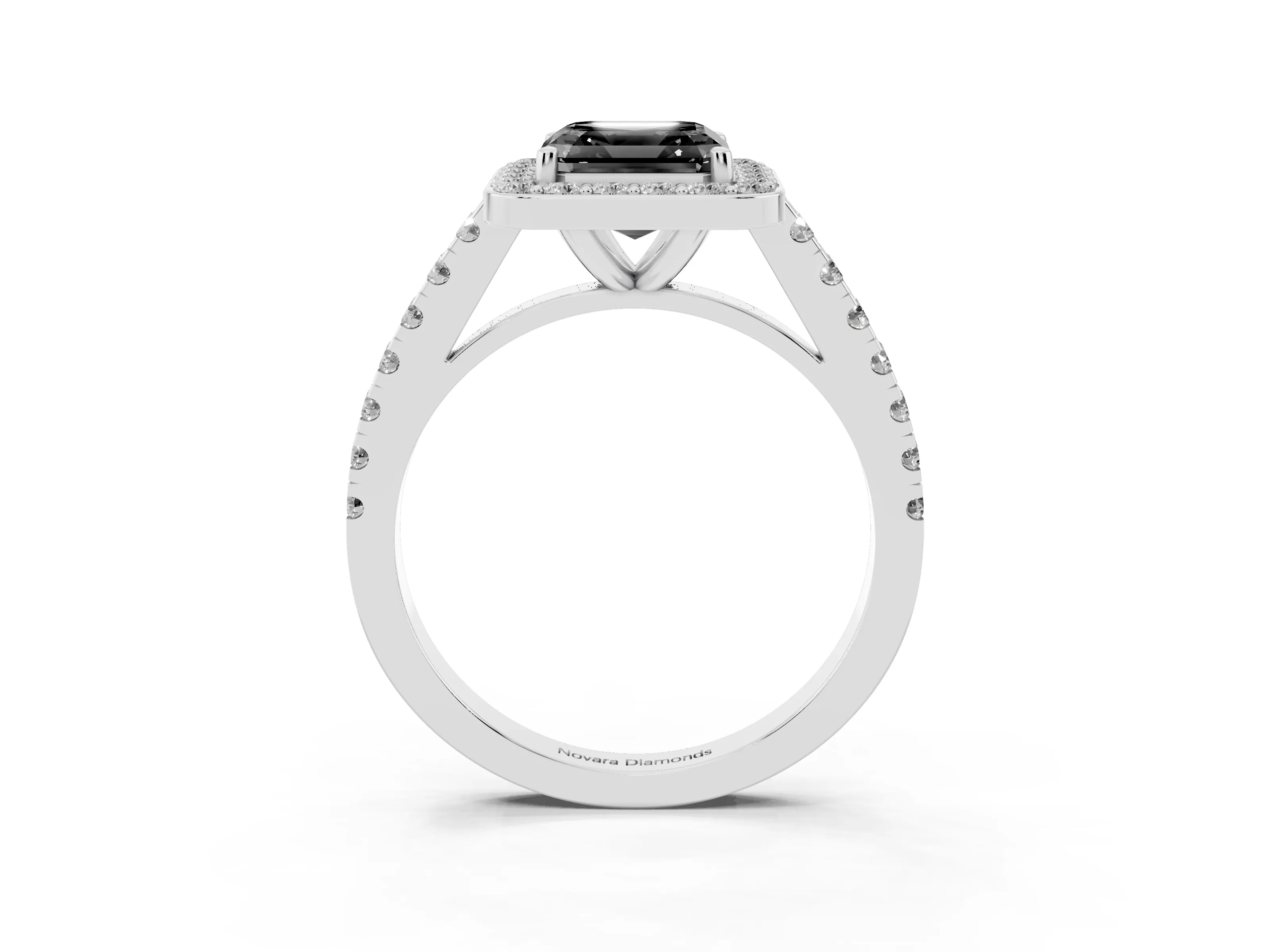 Fancy Black Asscher Cut Diamond Halo Ring Set in Silver with Round Pavé Split Shank and Prong Setting