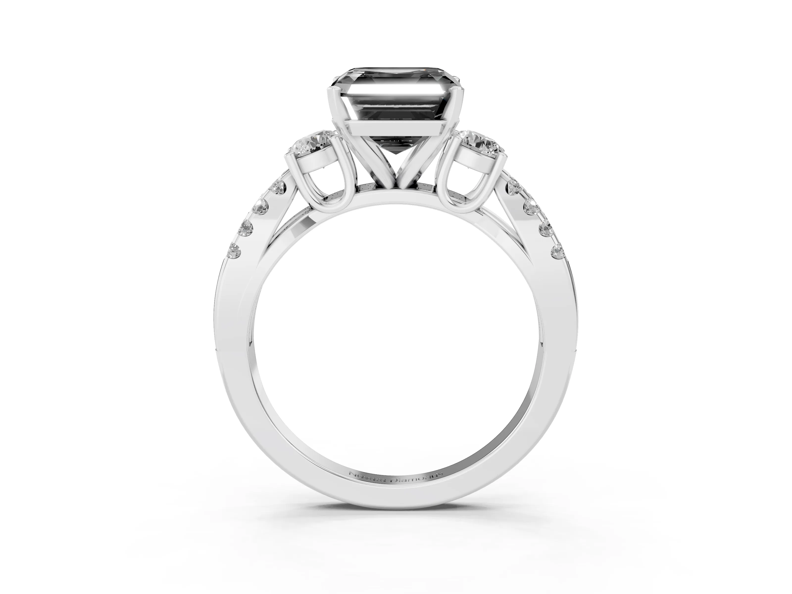 Fancy Black Asscher Cut Diamond Three-Stone Ring Set in Platinum with Pavé Split Shank and Prong Setting
