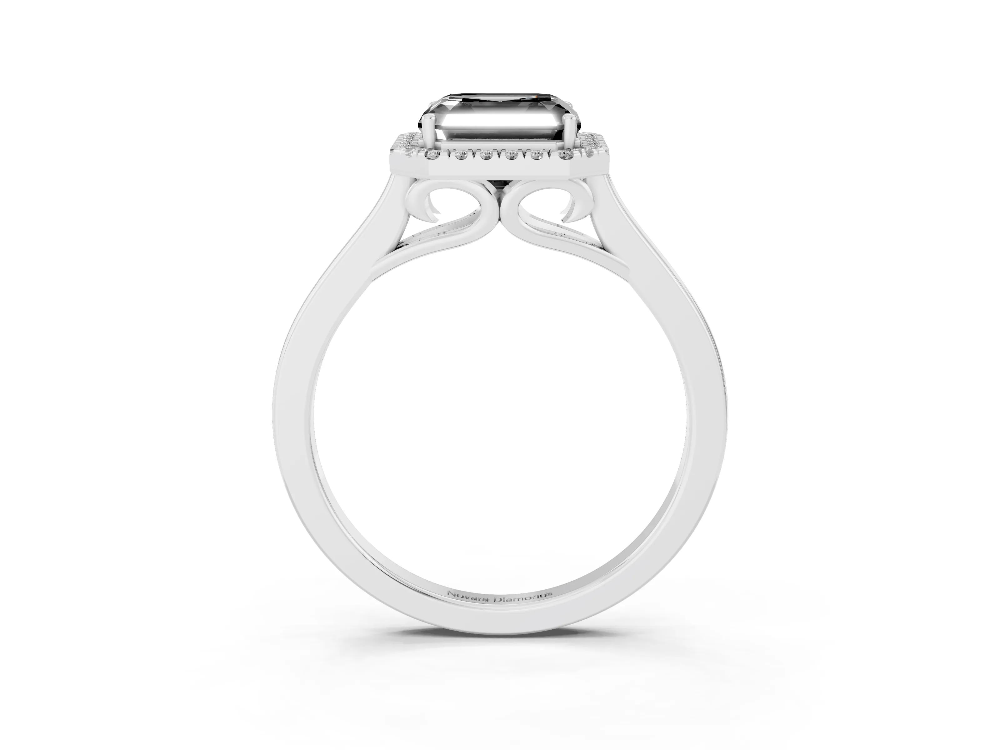 Fancy Black Asscher Cut Halo Round Diamond Solitaire Ring Set in Platinum with Pavé Band and Prong Setting