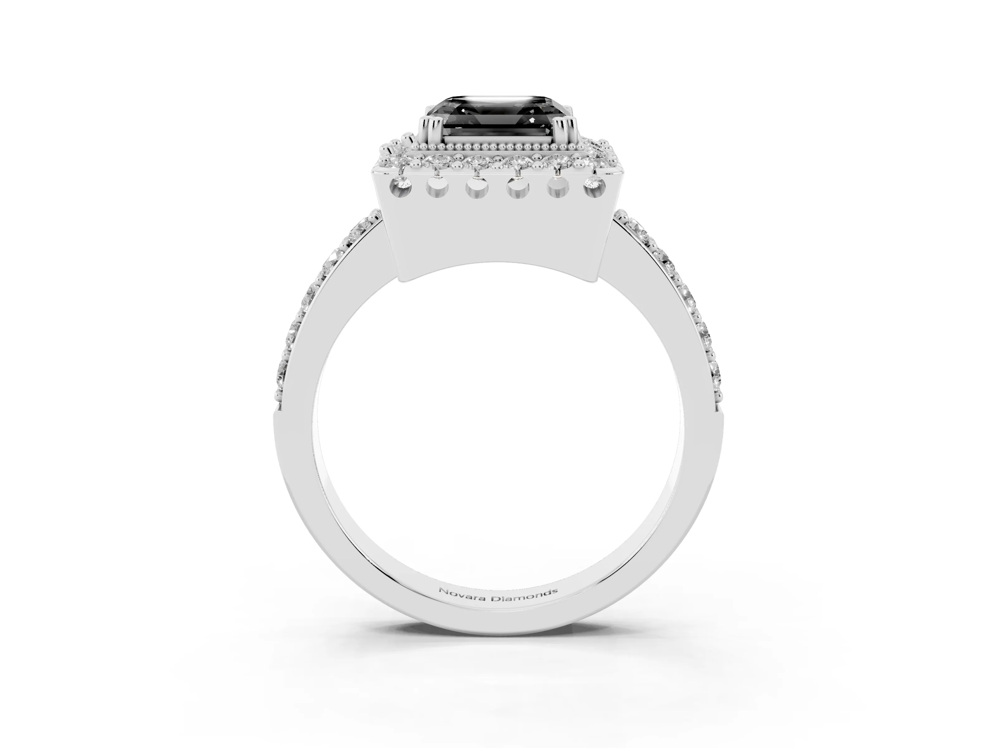Fancy Black Asscher Cut Diamond Halo Ring Set in Silver with Pavé Shank and Prong Setting