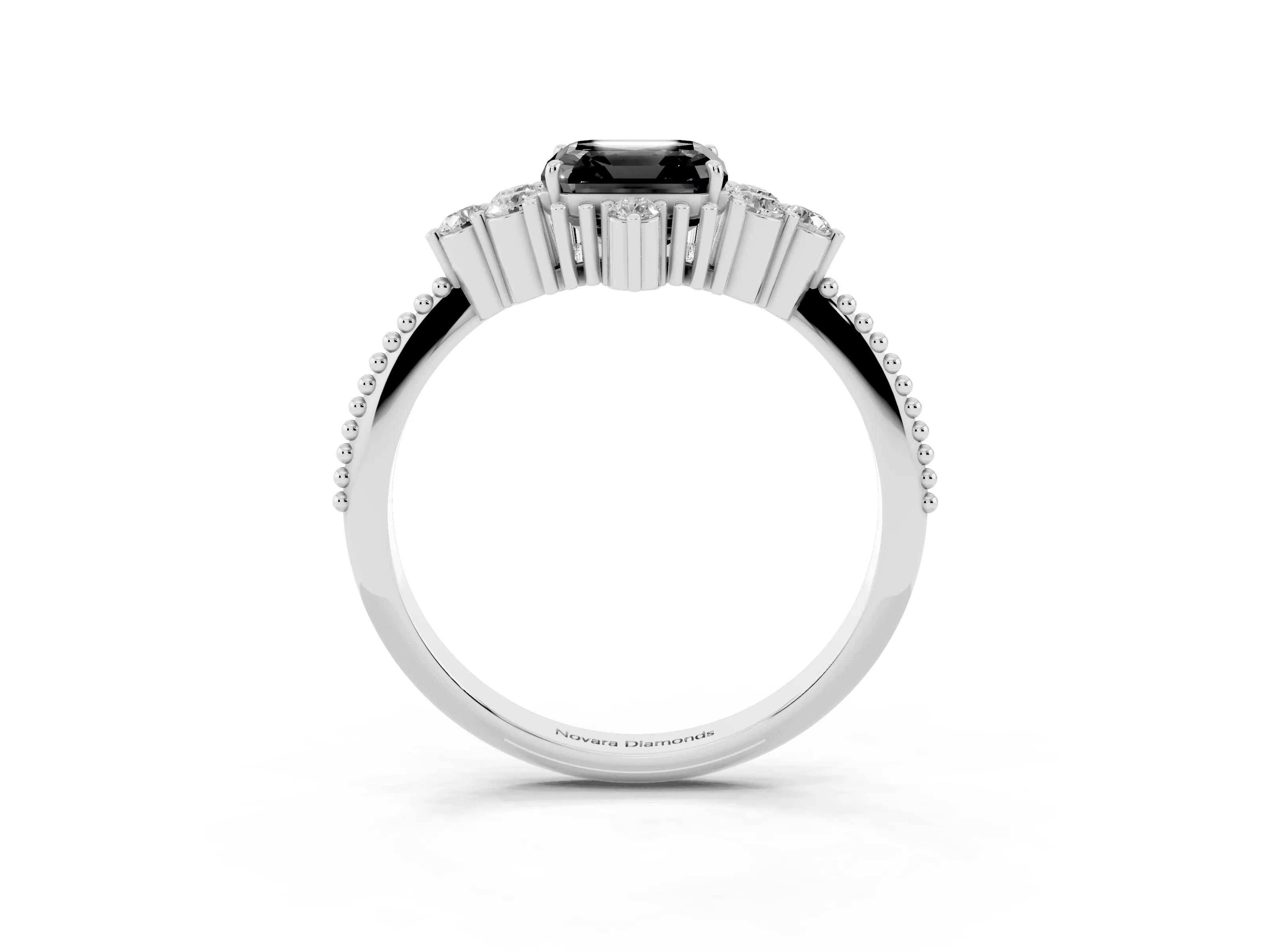 Fancy Black Asscher Cut Diamond Cluster Ring Set in Silver with Beaded Band