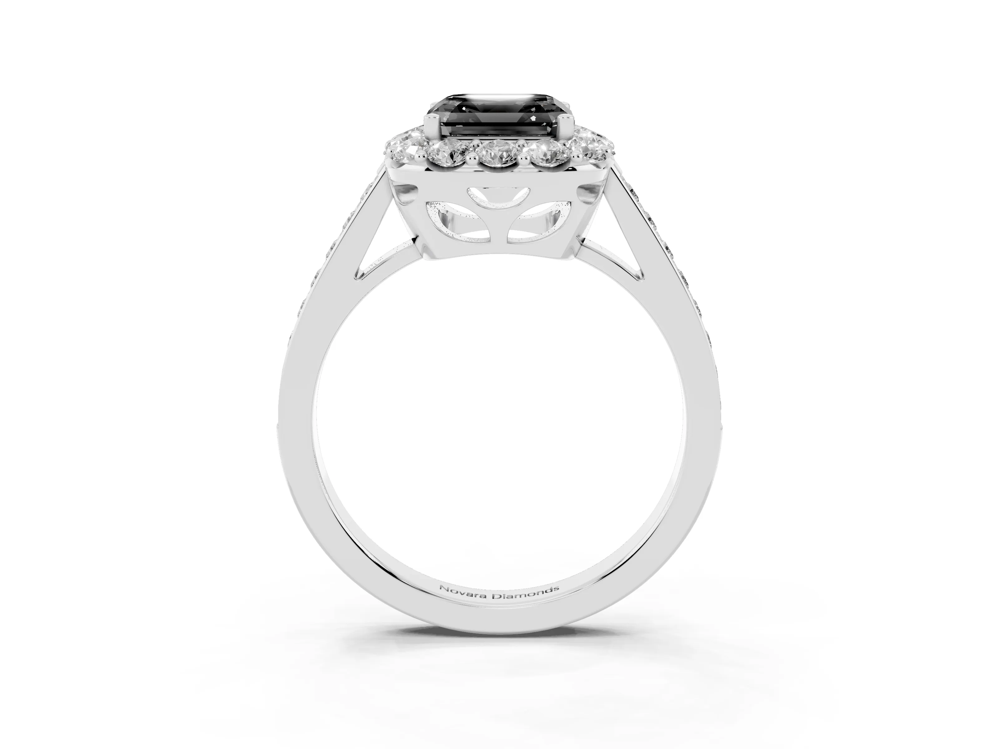 Fancy Black Asscher Cut Diamond Floral Halo Ring Set in Silver with Pavé Band and Prong Setting