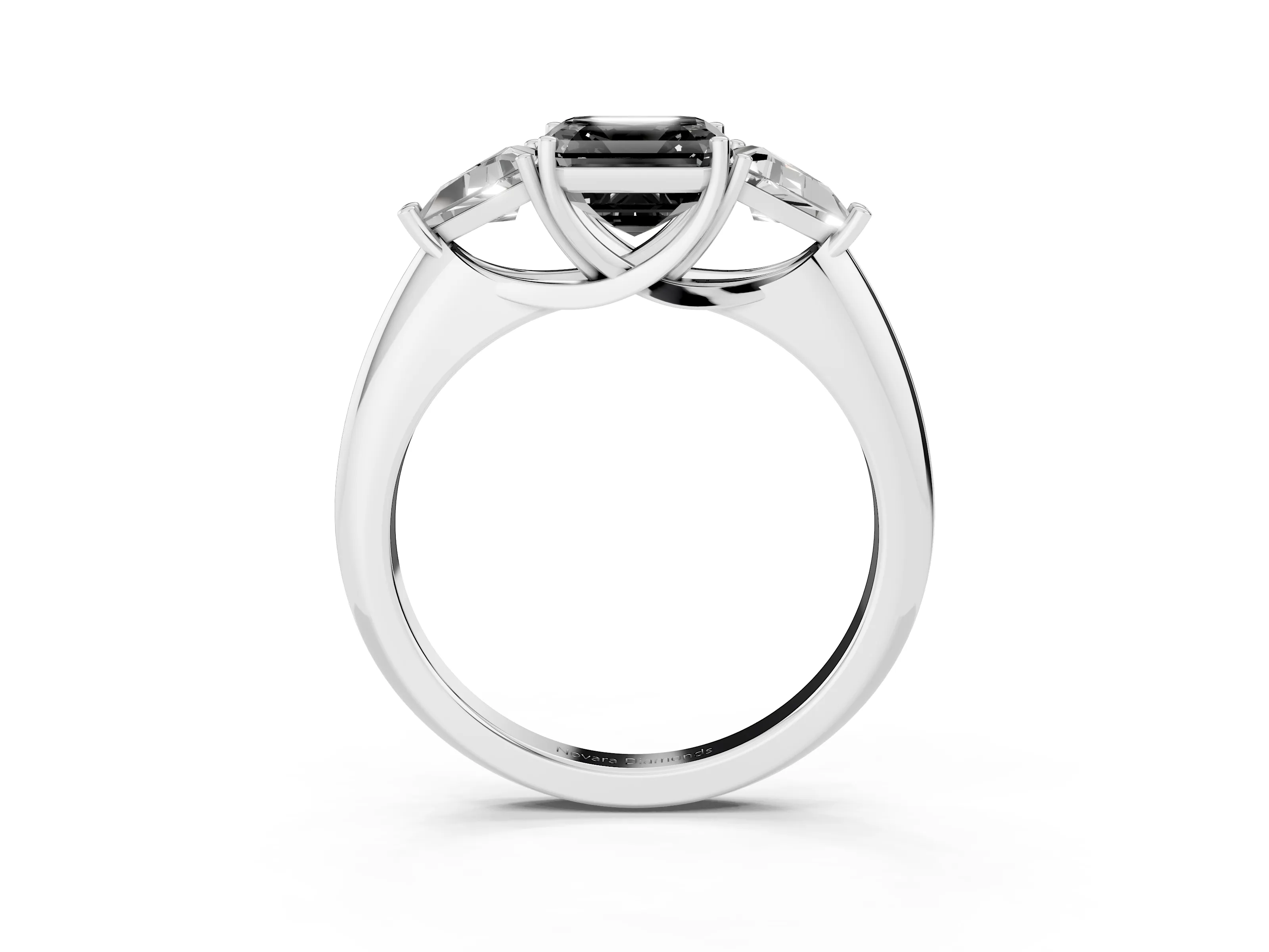 Fancy Black Asscher Cut Diamond Three-Stone Engagement Ring Set in Platinum with Trillion Side Stones