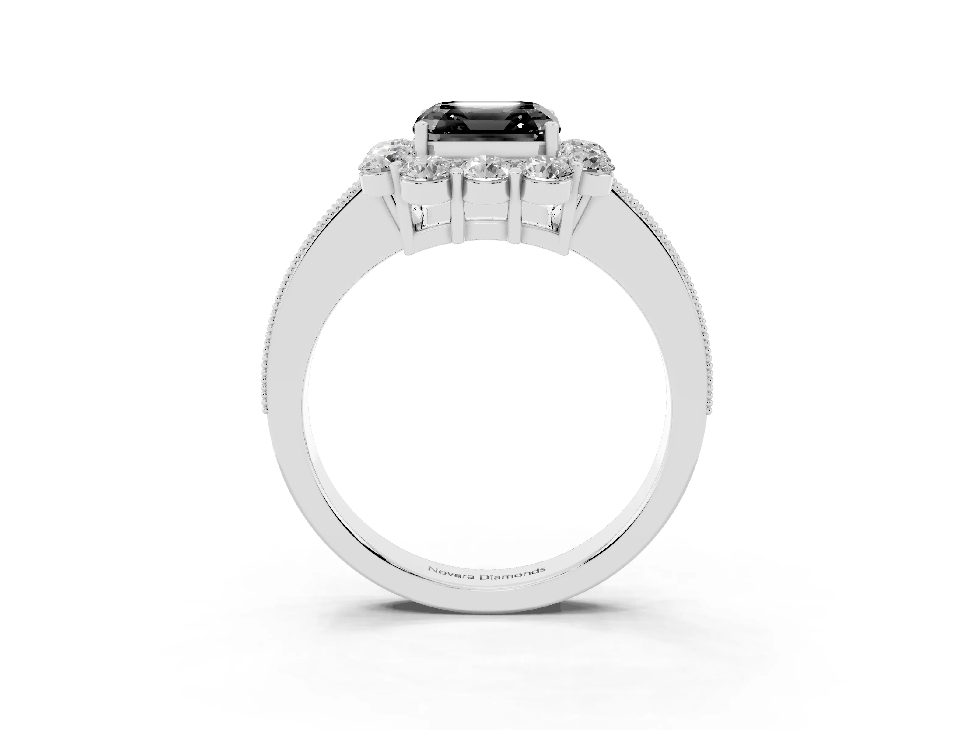 Fancy Black Asscher Cut Diamond Halo Pavé Engagement Ring Set in Platinum with Milgrain Detailing