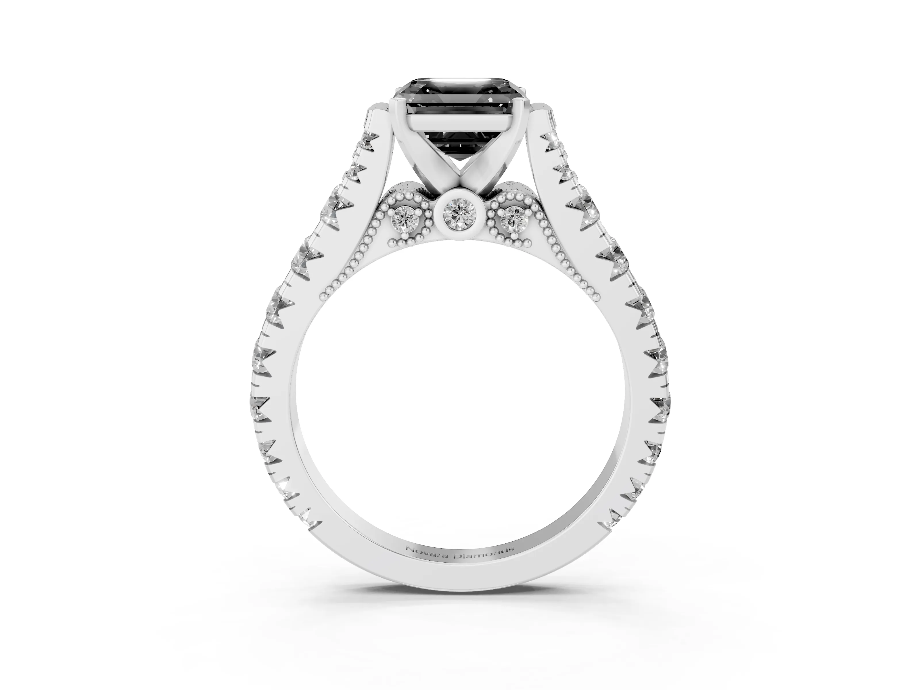 Fancy Black Asscher Cut Diamond Classic Solitaire Ring Set in Platinum with Pavé Band and Prong Setting