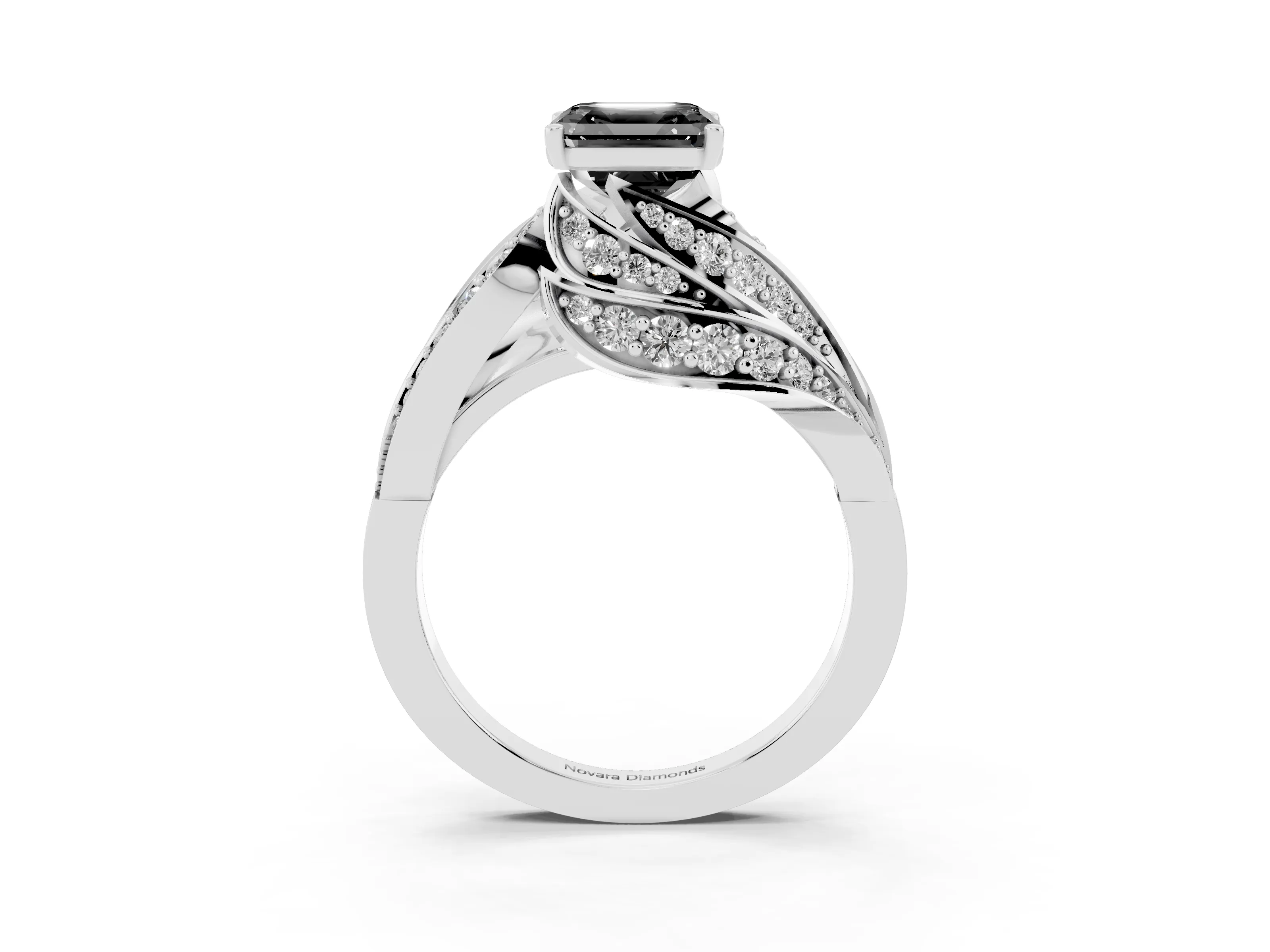 Fancy Black Asscher Cut Diamond Solitaire Ring Set in Silver with Layered Twist Pavé Band