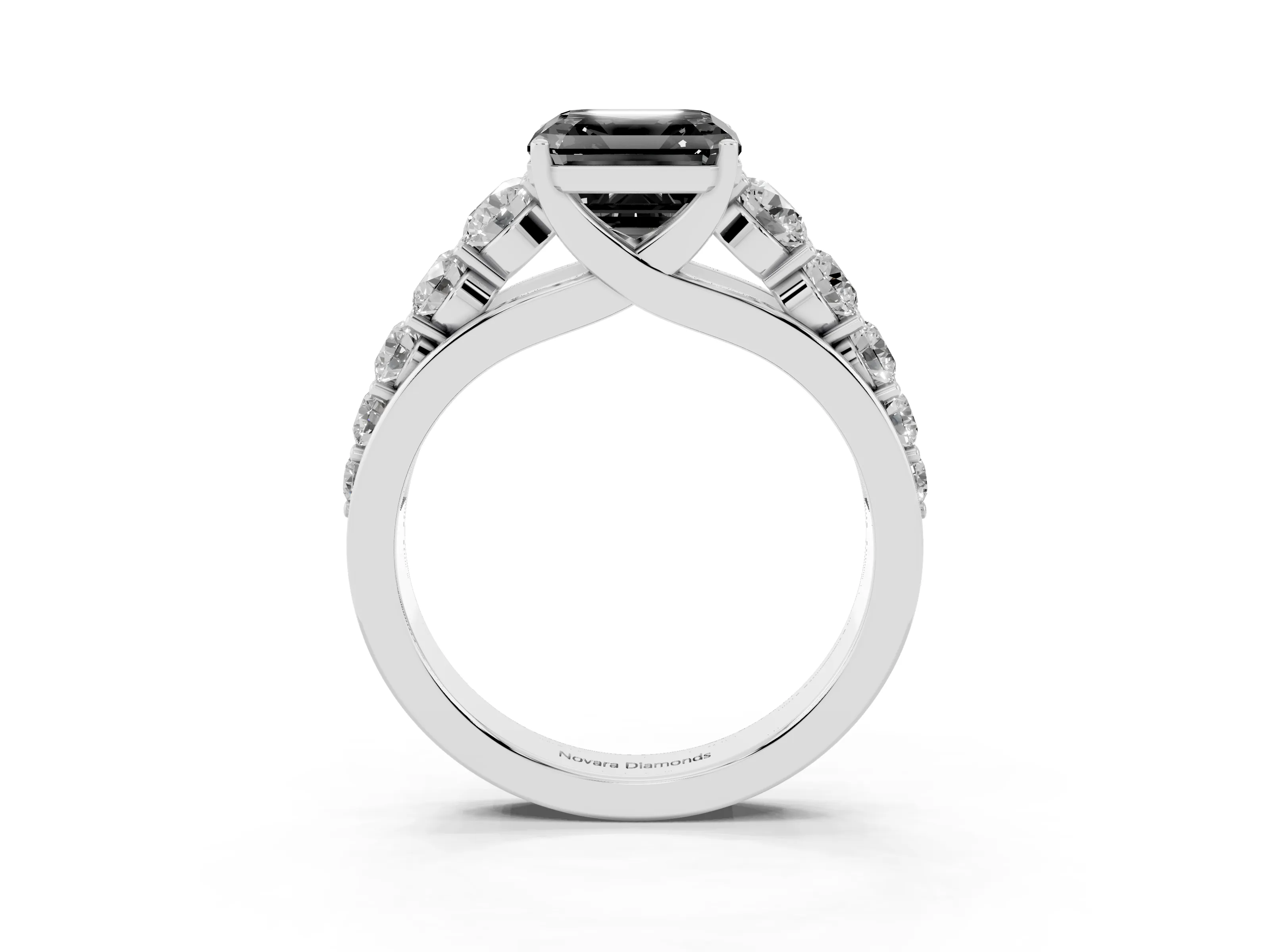 Fancy Black Asscher Cut Diamond Solitaire Ring Set in White gold with Pavé-Set Band and Prong Setting