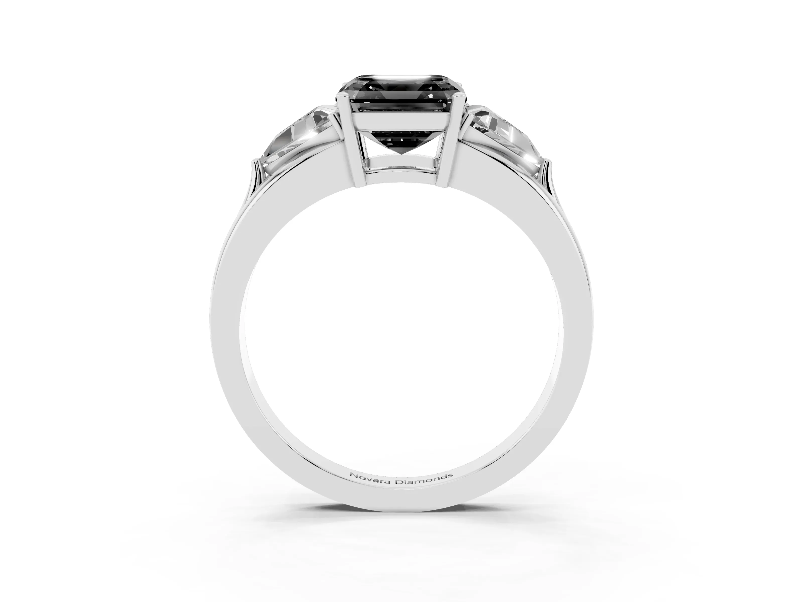 Fancy Black Asscher Cut Diamond Three-Stone Ring Set in Platinum with Trillion Side Stones and Split Shank