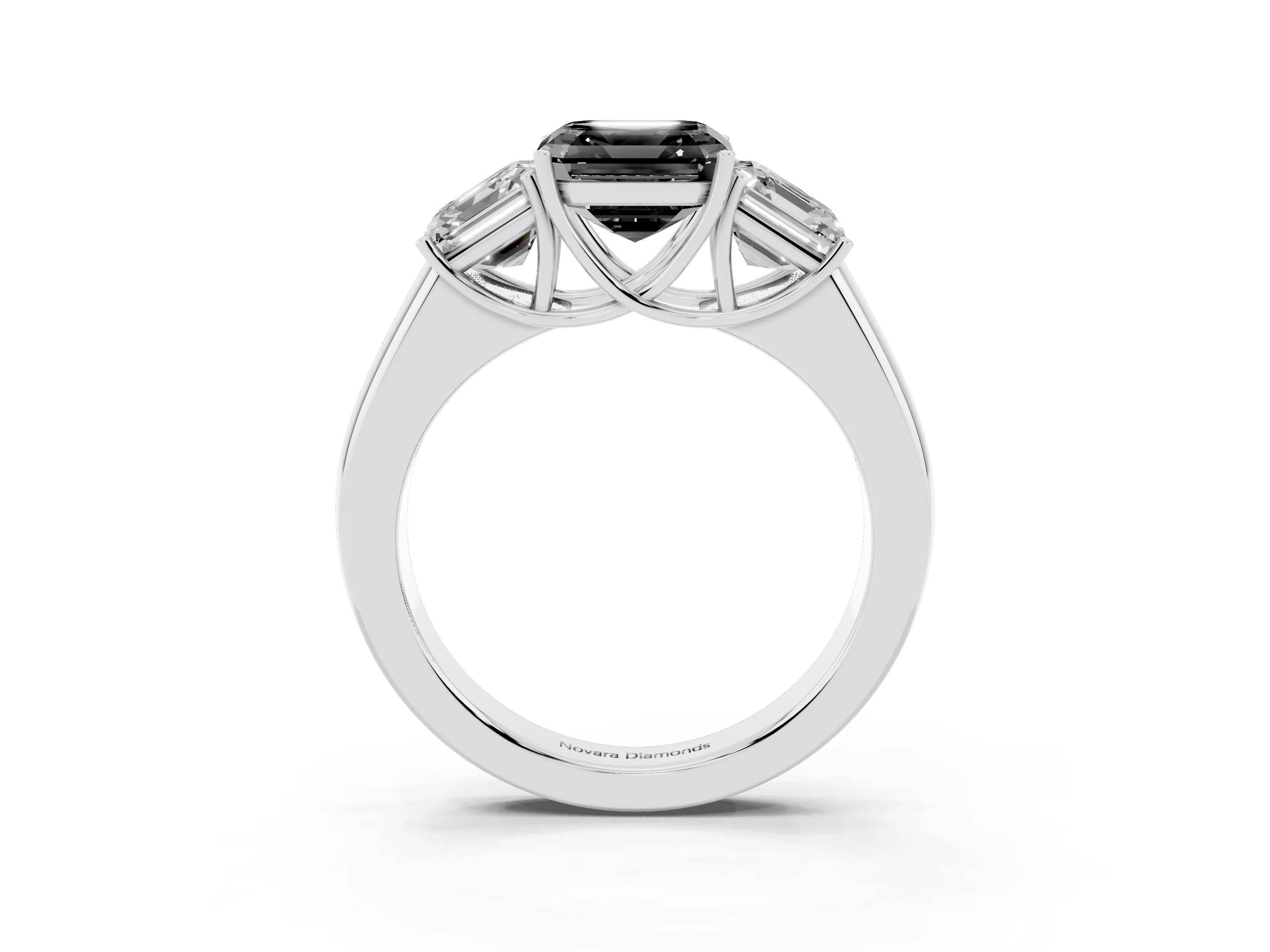 Fancy Black Three-Stone Asscher Cut Diamond Ring Set in Silver with Matching Prong Settings and Plain Band