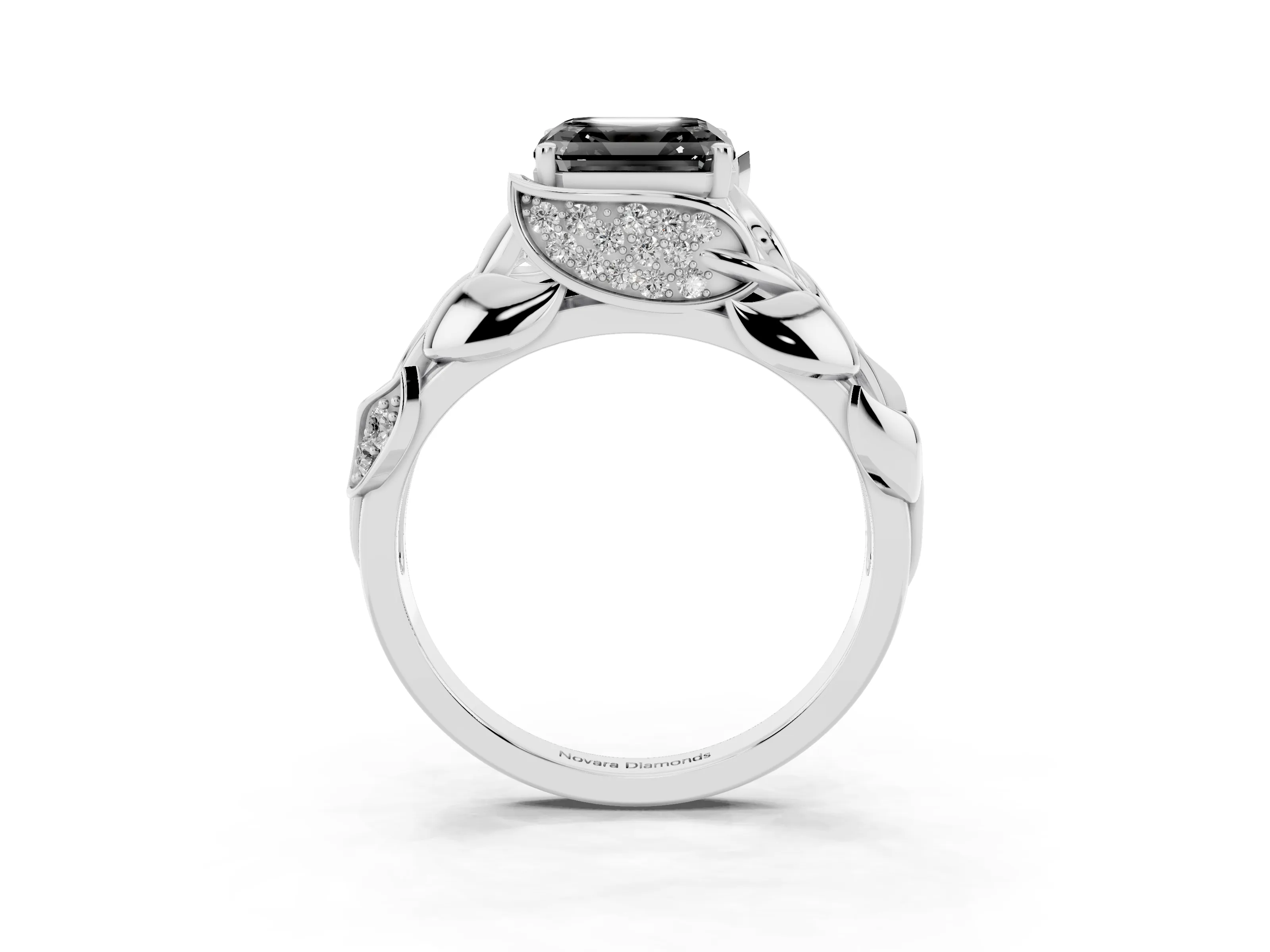 Fancy Black Asscher Cut Diamond Leaf-Inspired Engagement Ring Set in Silver with Round Accents