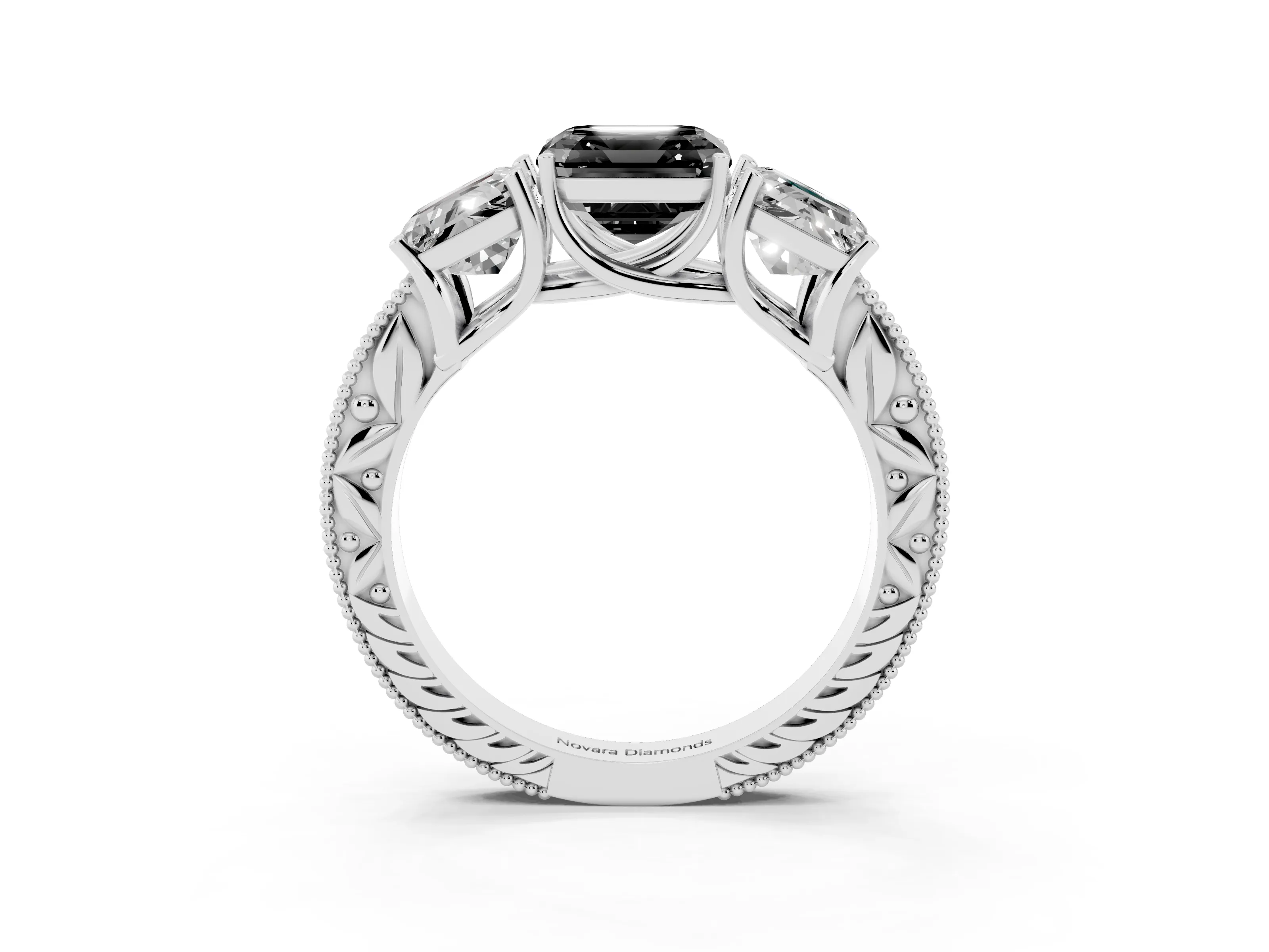 Fancy Black Asscher Cut Diamond Three-Stone Engagement Ring Set in Silver with Milgrain Pavé Band