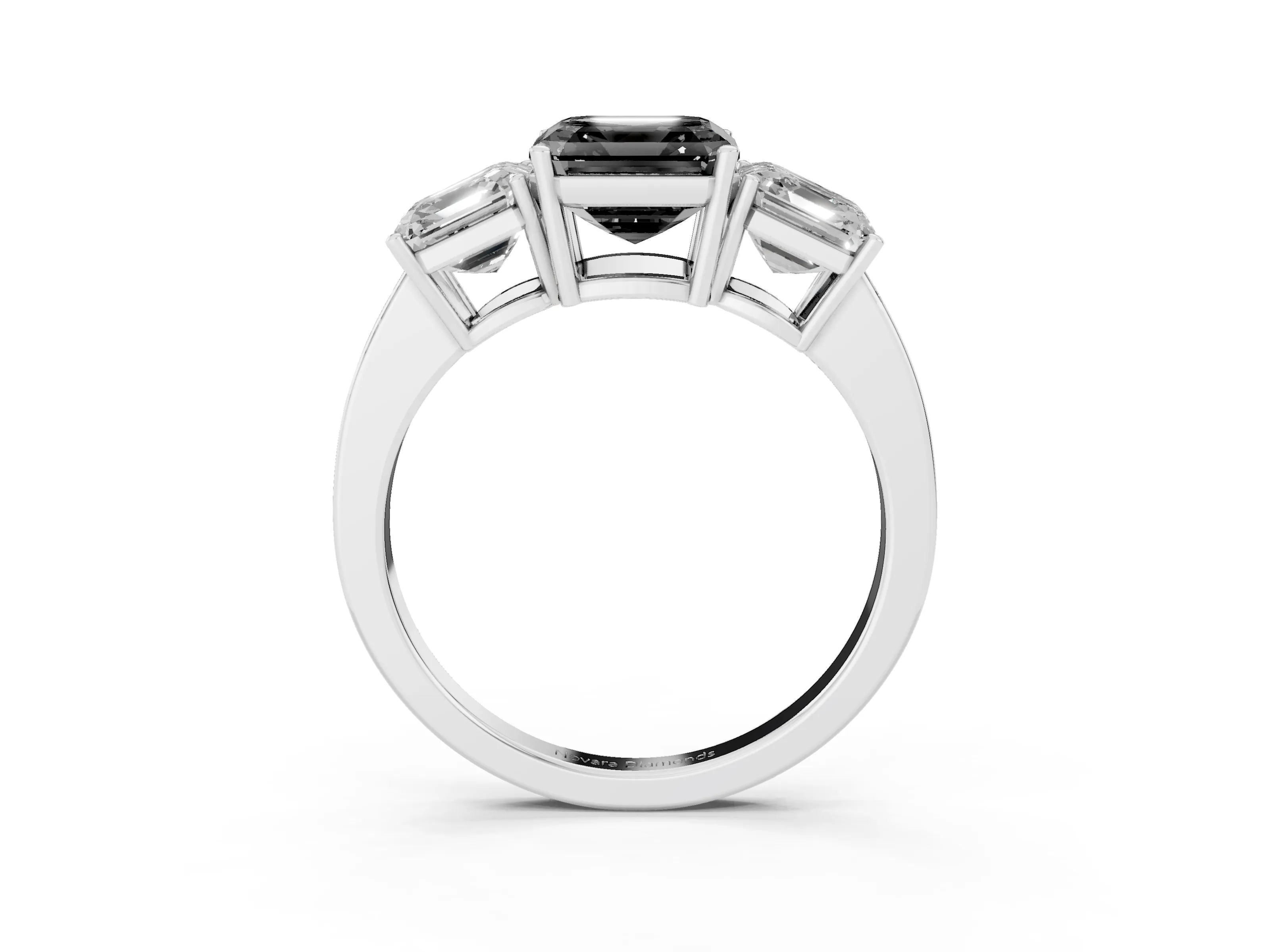 Fancy Black Asscher Cut Diamond Three-Stone Engagement Ring Set in White gold with Flat Band