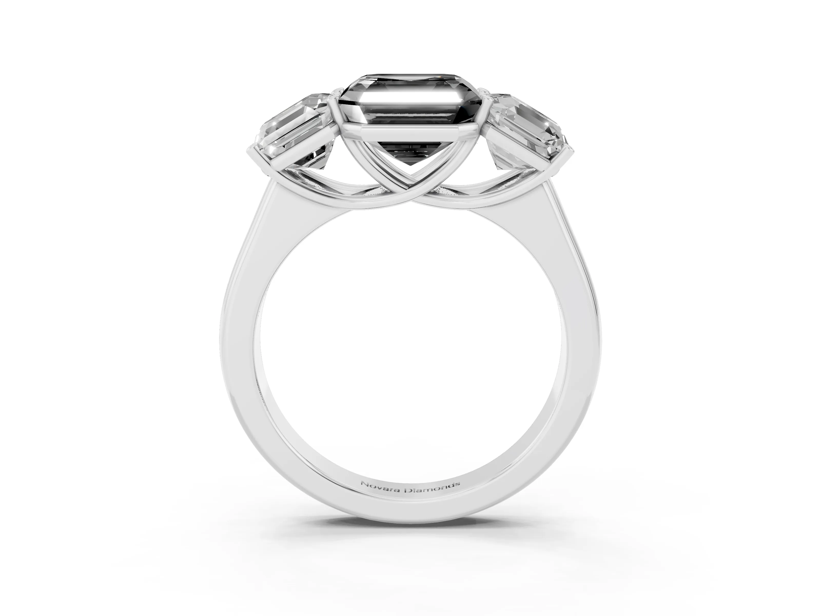 Fancy Black Asscher Cut Diamond Three-Stone Ring Set in White gold with Plain Polished Band