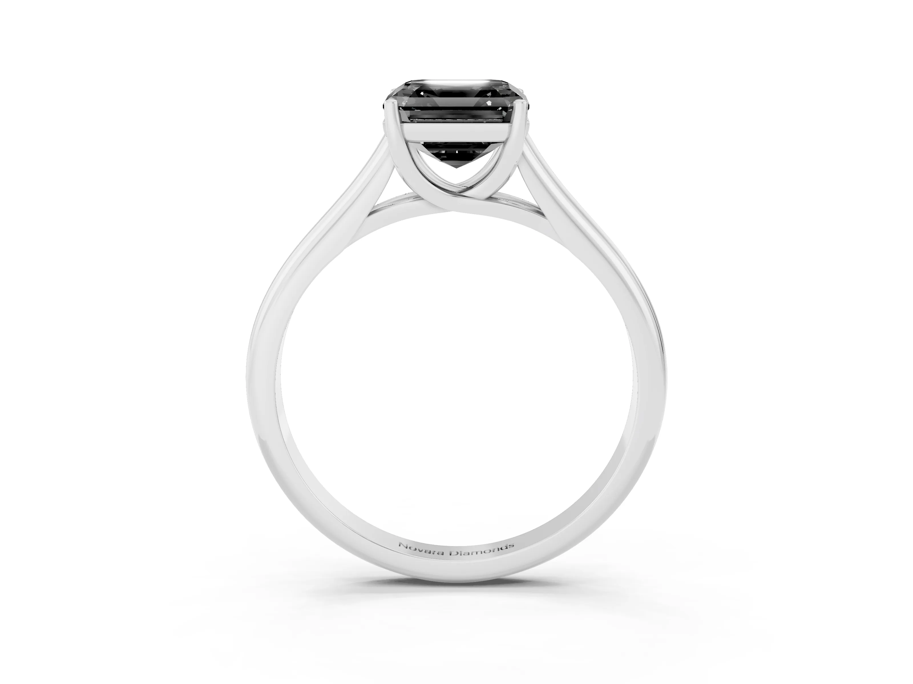 Fancy Black Asscher Cut Diamond Solitaire Engagement Ring Set in Platinum with Subtly Tapered Band and Prong Setting