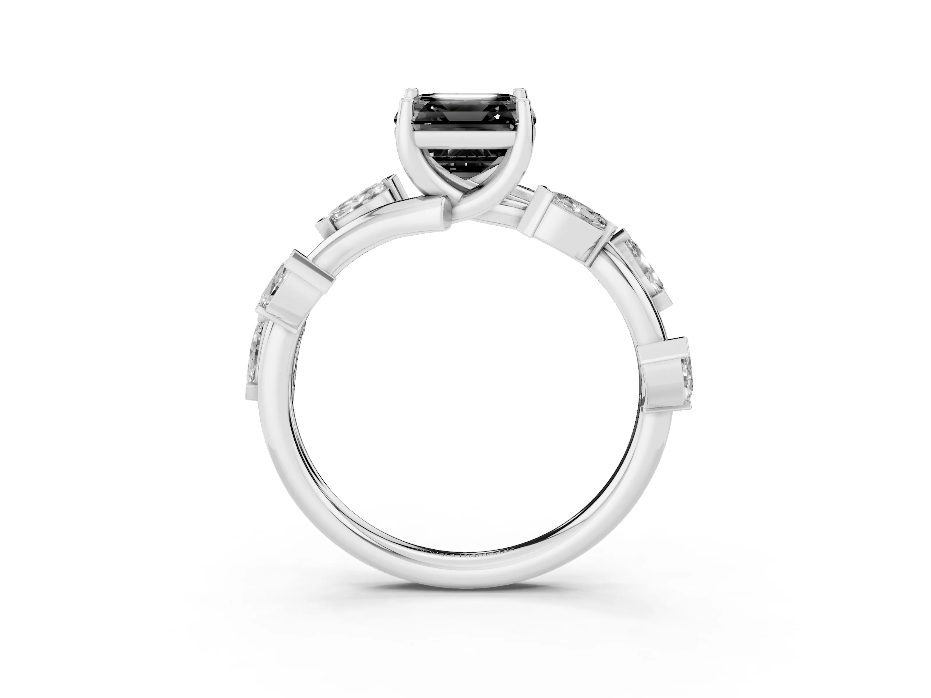 Fancy Black Asscher Cut Diamond Solitaire Ring Set in White gold with Twisted Marquise Accent Band
