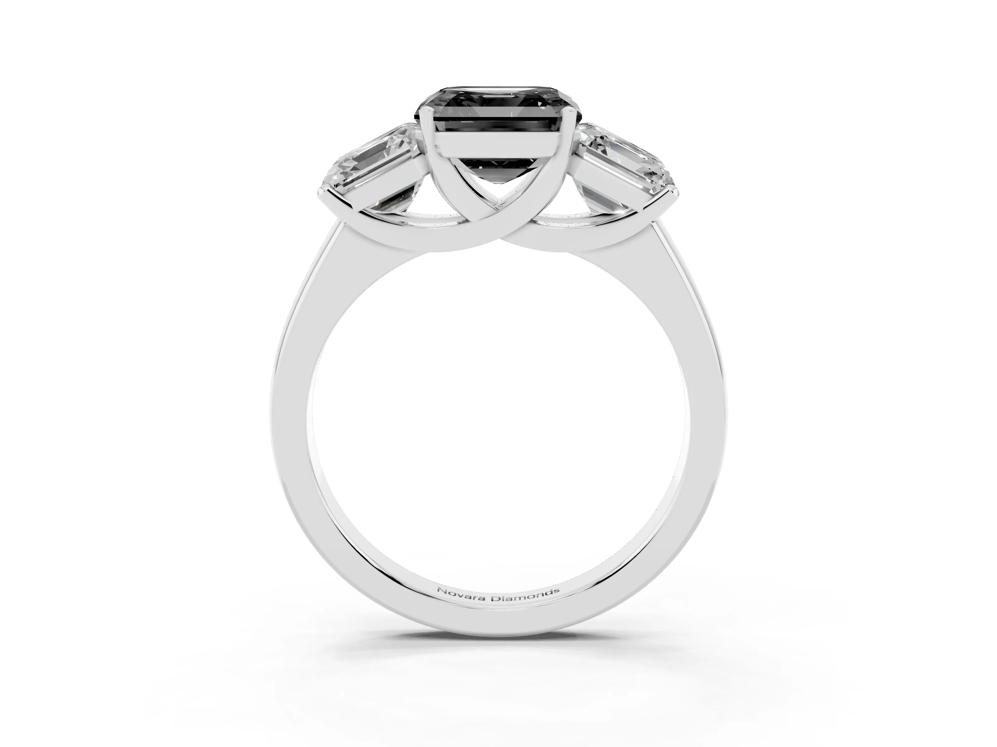 Fancy Black Asscher Cut Diamond Three-Stone Ring Set in Silver with Classic Prong Setting and Plain Band
