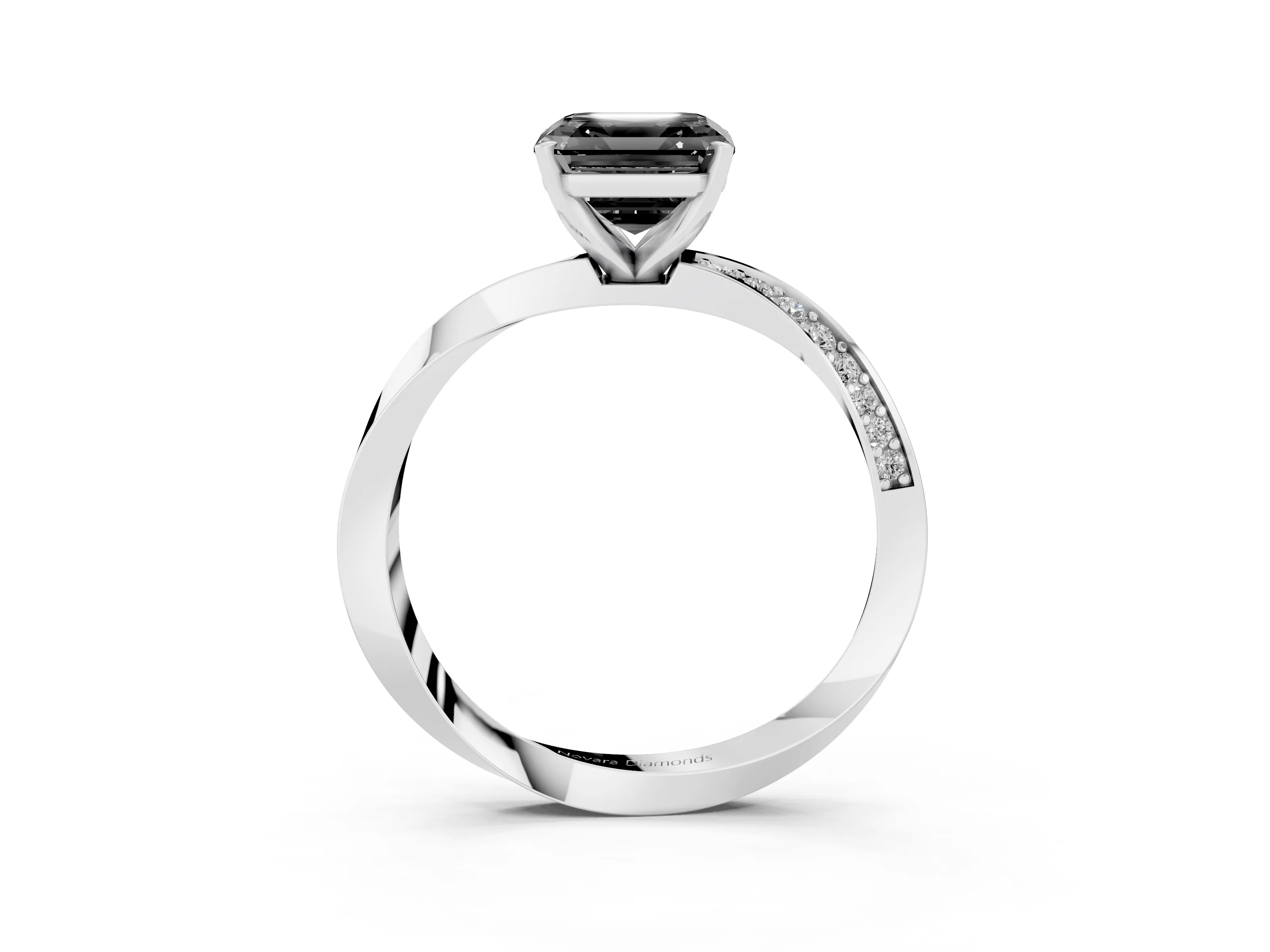 Fancy Black Asscher Cut Diamond Engagement Ring Set in White gold with Side Stone Accents and Prong Setting