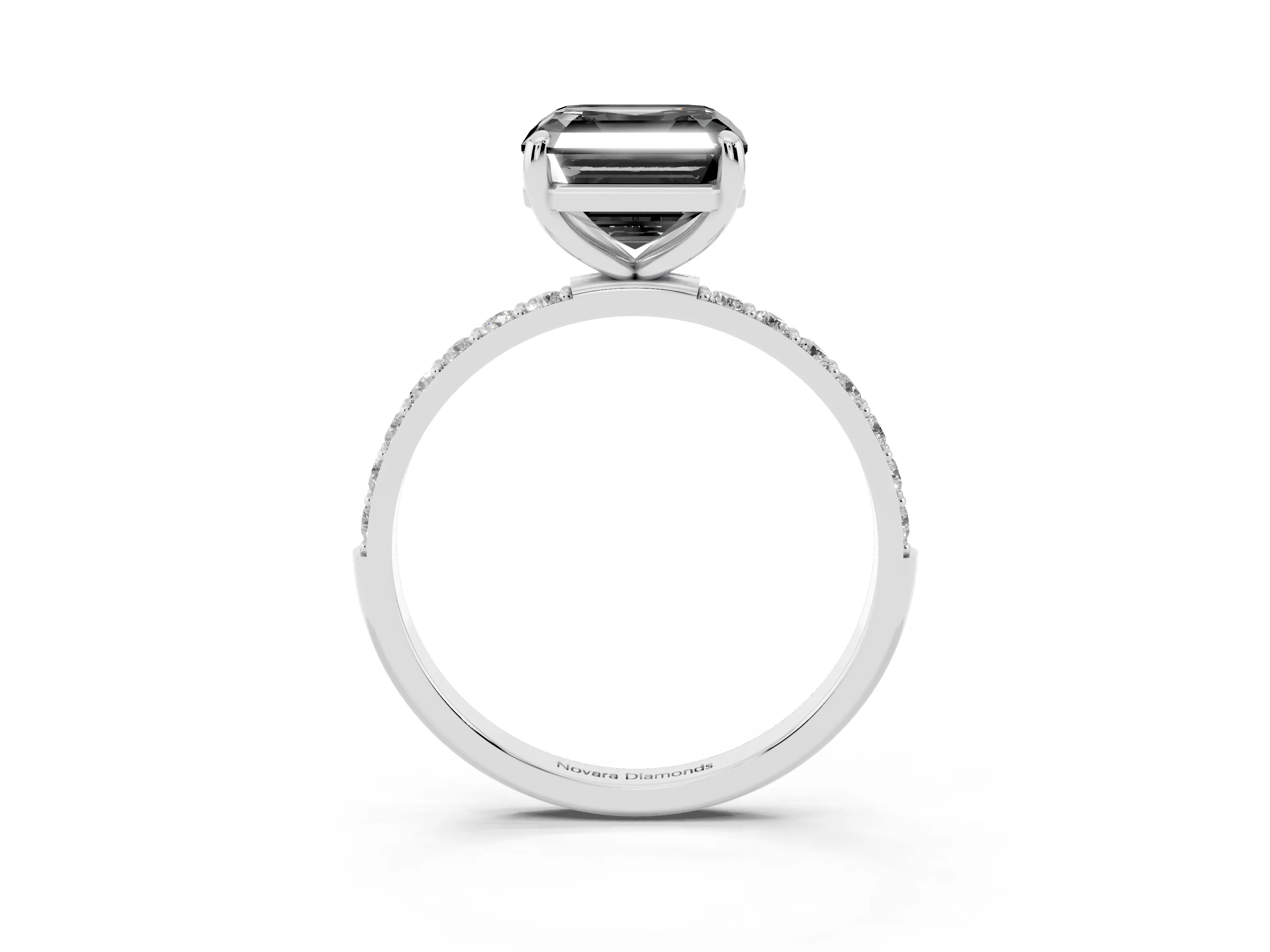 Fancy Black Asscher Cut Diamond Solitaire Ring Set in Platinum with Round Pavé Band and Prong Setting