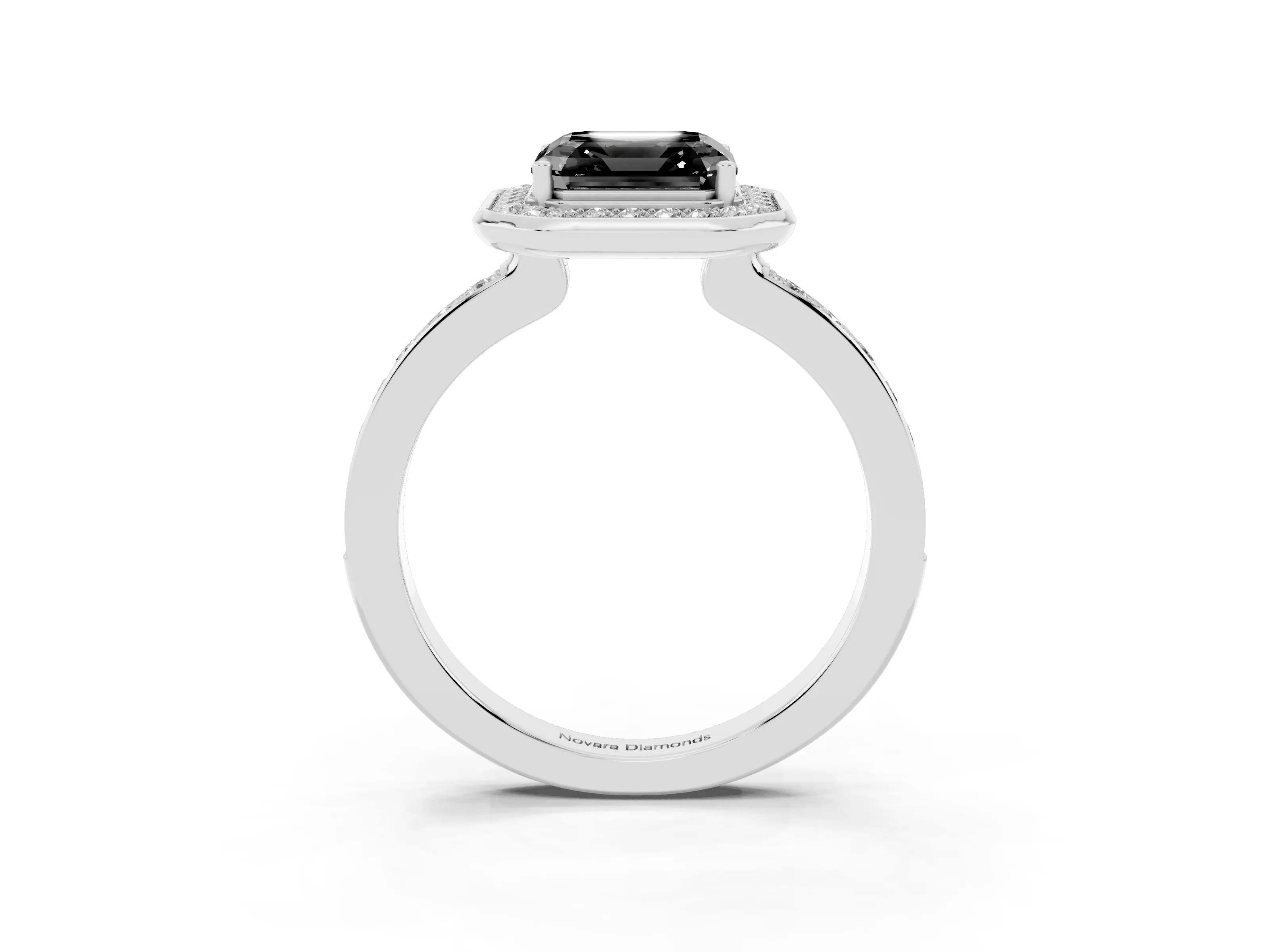 Fancy Black Asscher Cut Diamond Halo Ring Set in Silver with Bezel Frame and Pavé Band