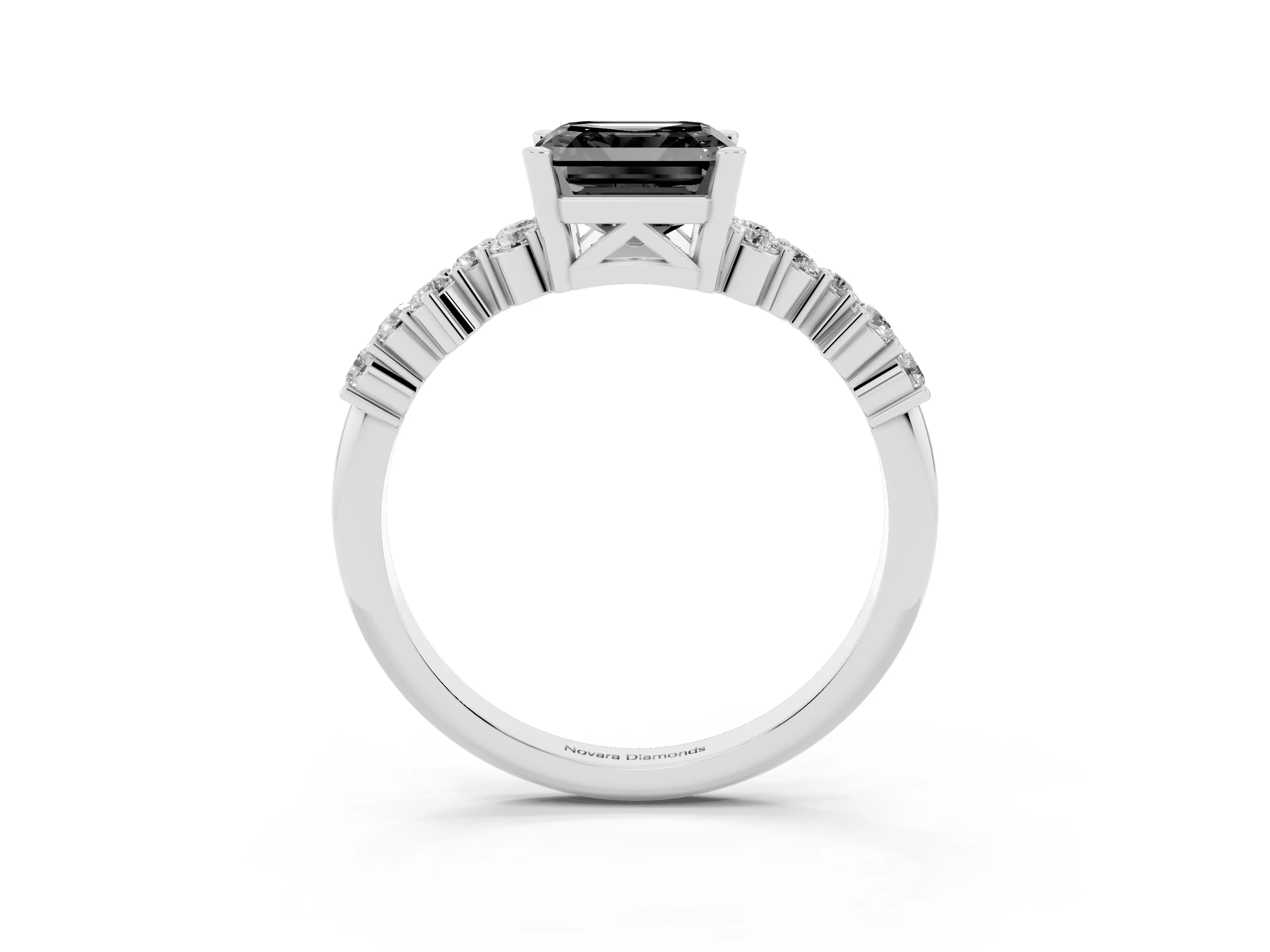 Fancy Black Asscher Cut Diamond Ring Set in Silver with Scattered Round Accents