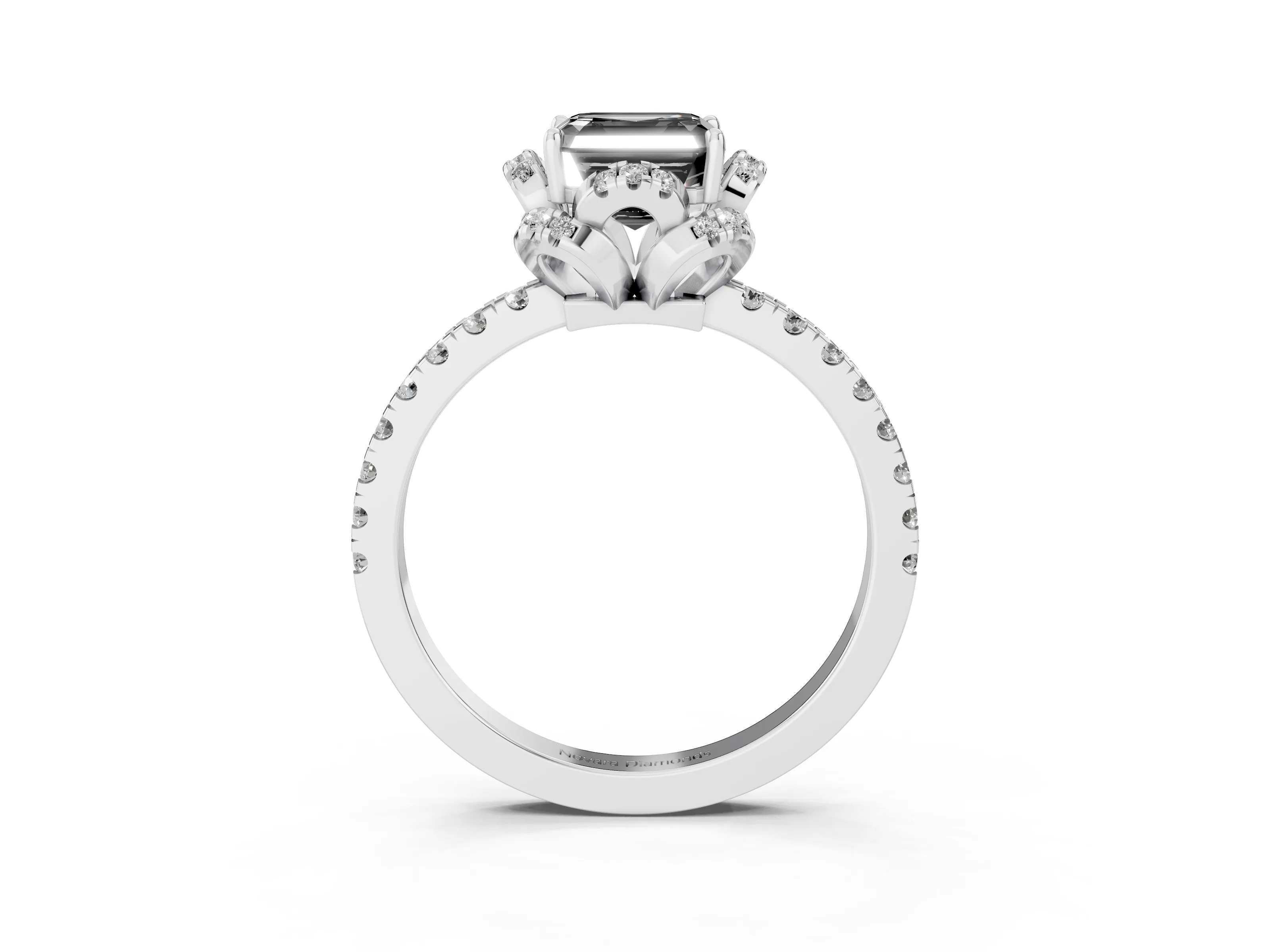 Fancy Black Asscher Cut Diamond Halo Pavé Ring Set in White gold with Prong-Held Center Stone