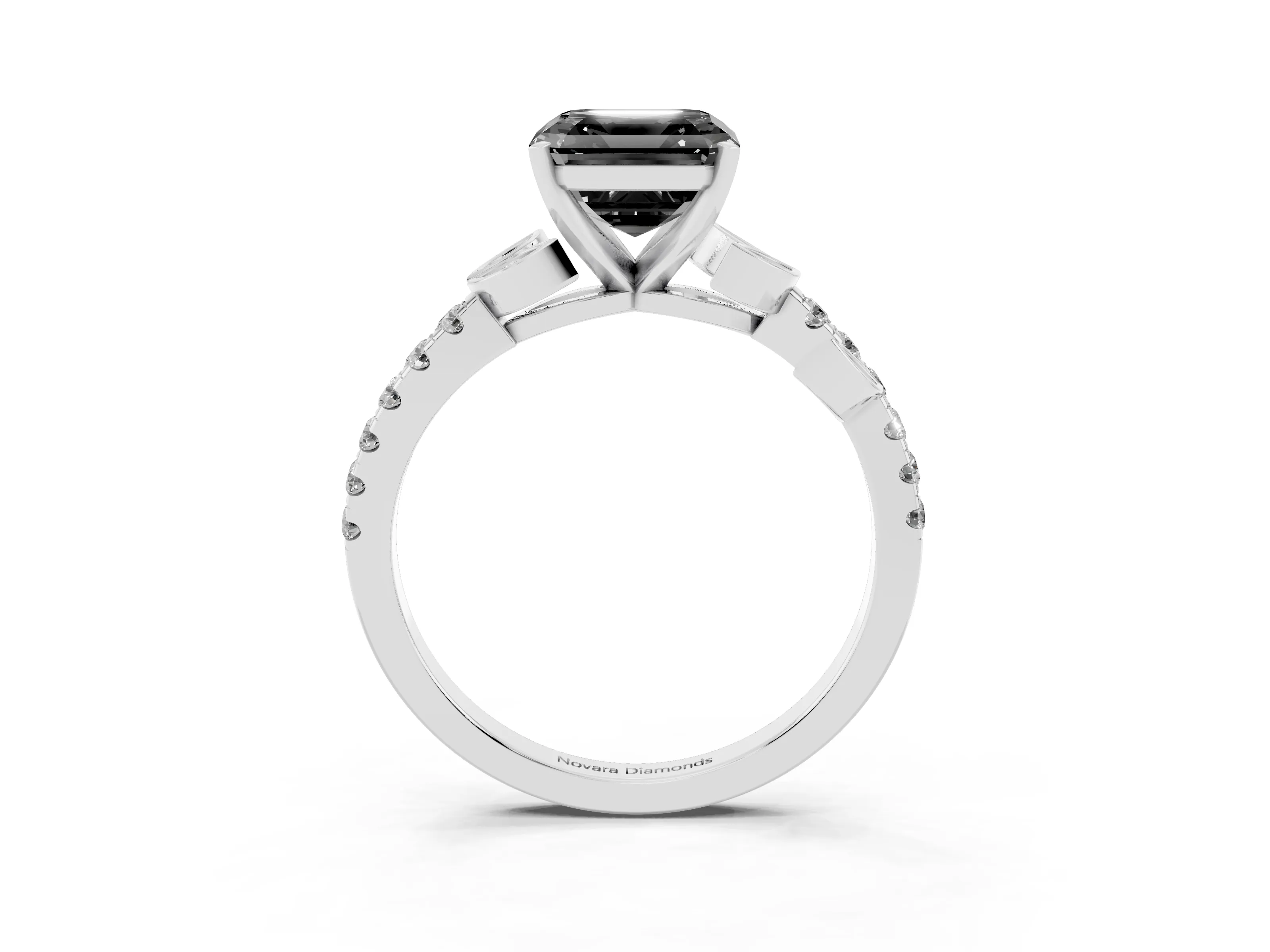 Fancy Black Asscher Cut Diamond Solitaire Leaf-Inspired Ring Set in White gold with Pavé Band and Prong Setting