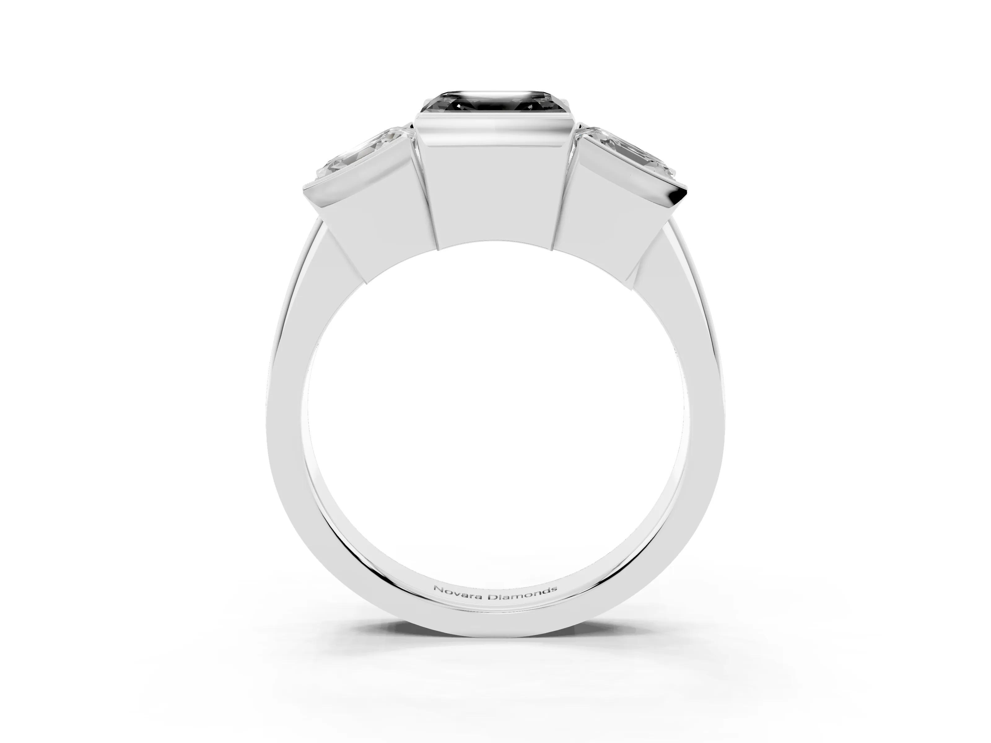 Fancy Black Asscher Cut Diamond Three-Stone Channel Set Ring Set in Silver with Smooth Polished Band