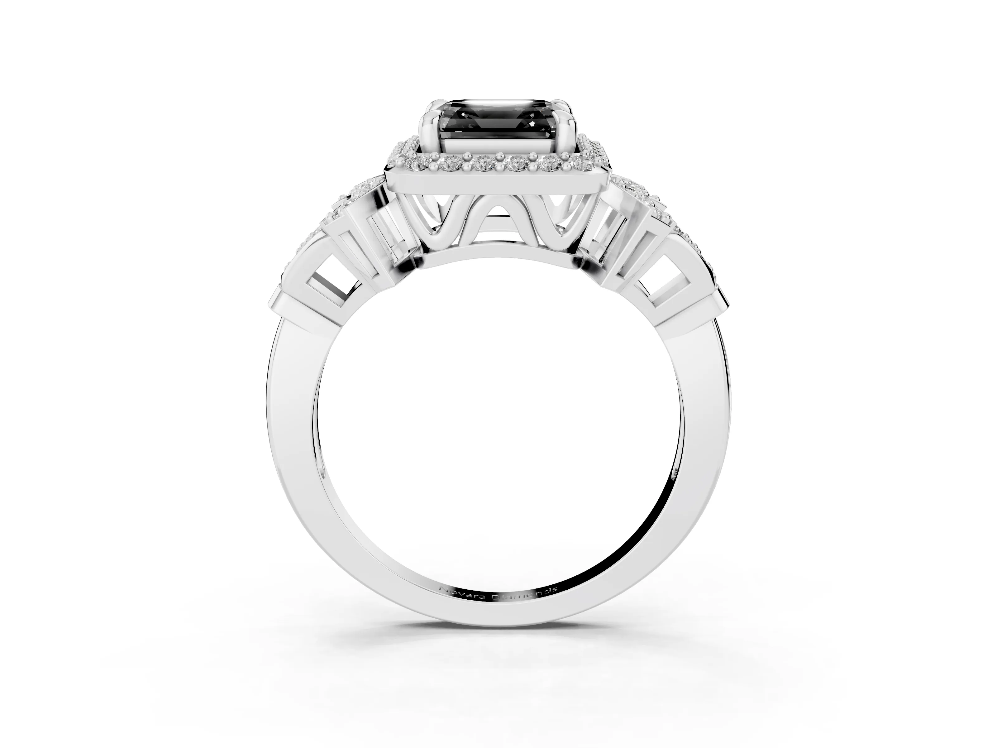 Fancy Black Asscher Cut Diamond Halo Engagement Ring Set in White gold with Accent Stone Split Shank