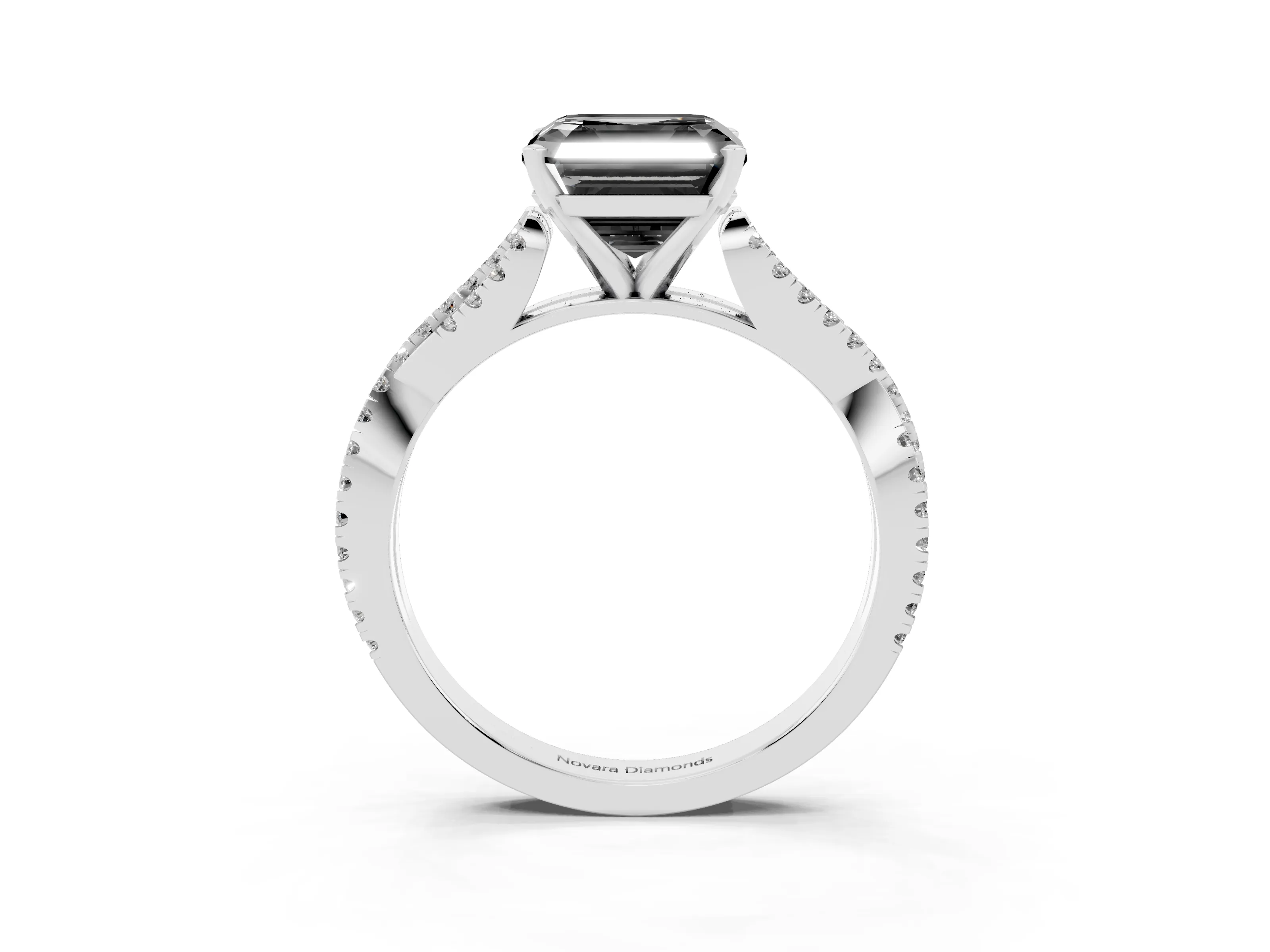 Fancy Black Asscher Cut Diamond Solitaire Engagement Ring Set in White gold with Twisted Pavé Band and Prong Setting