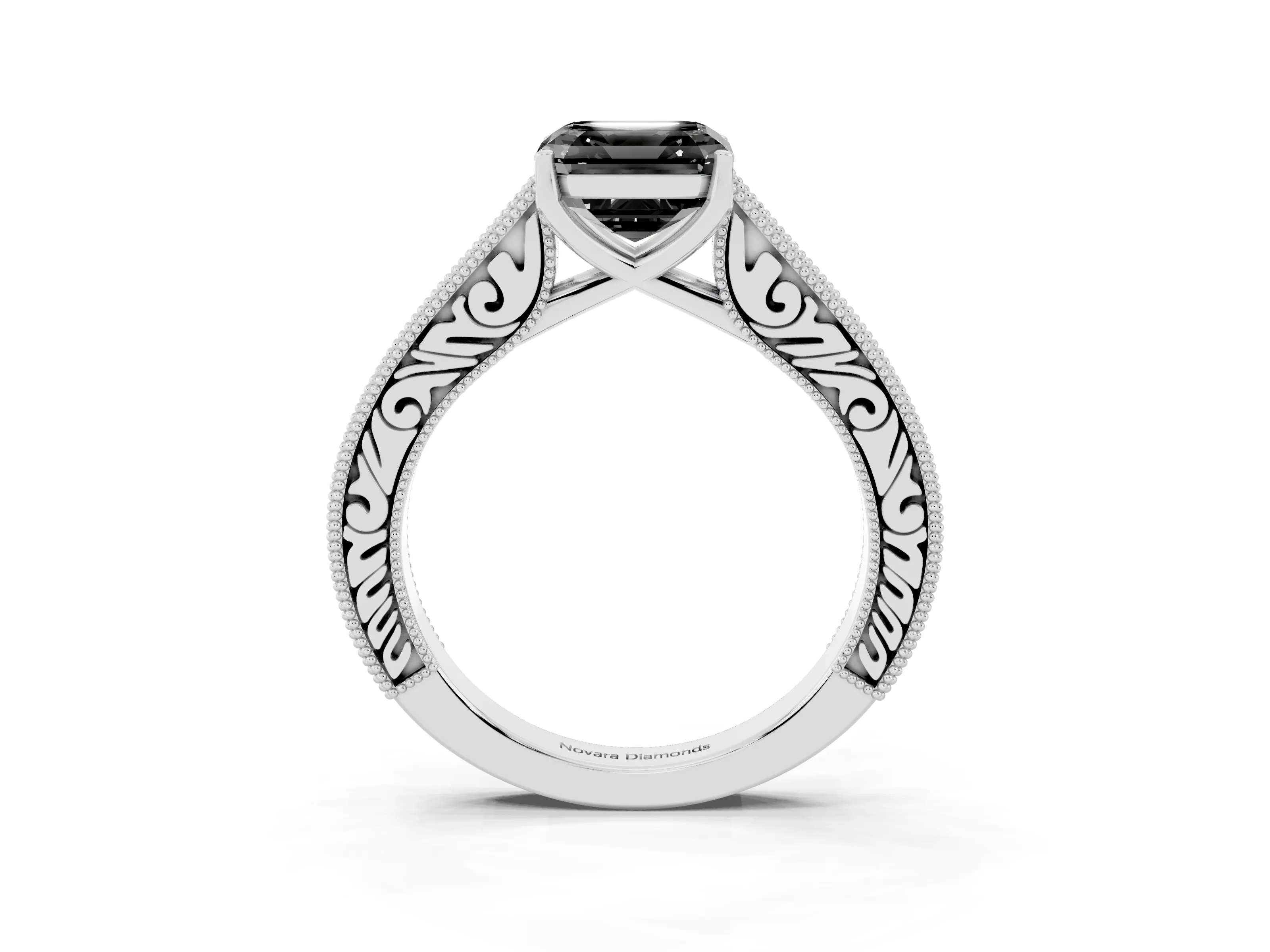 Fancy Black Asscher Cut Diamond Milgrain Pavé Band Solitaire Ring Set in Platinum with Prong Setting