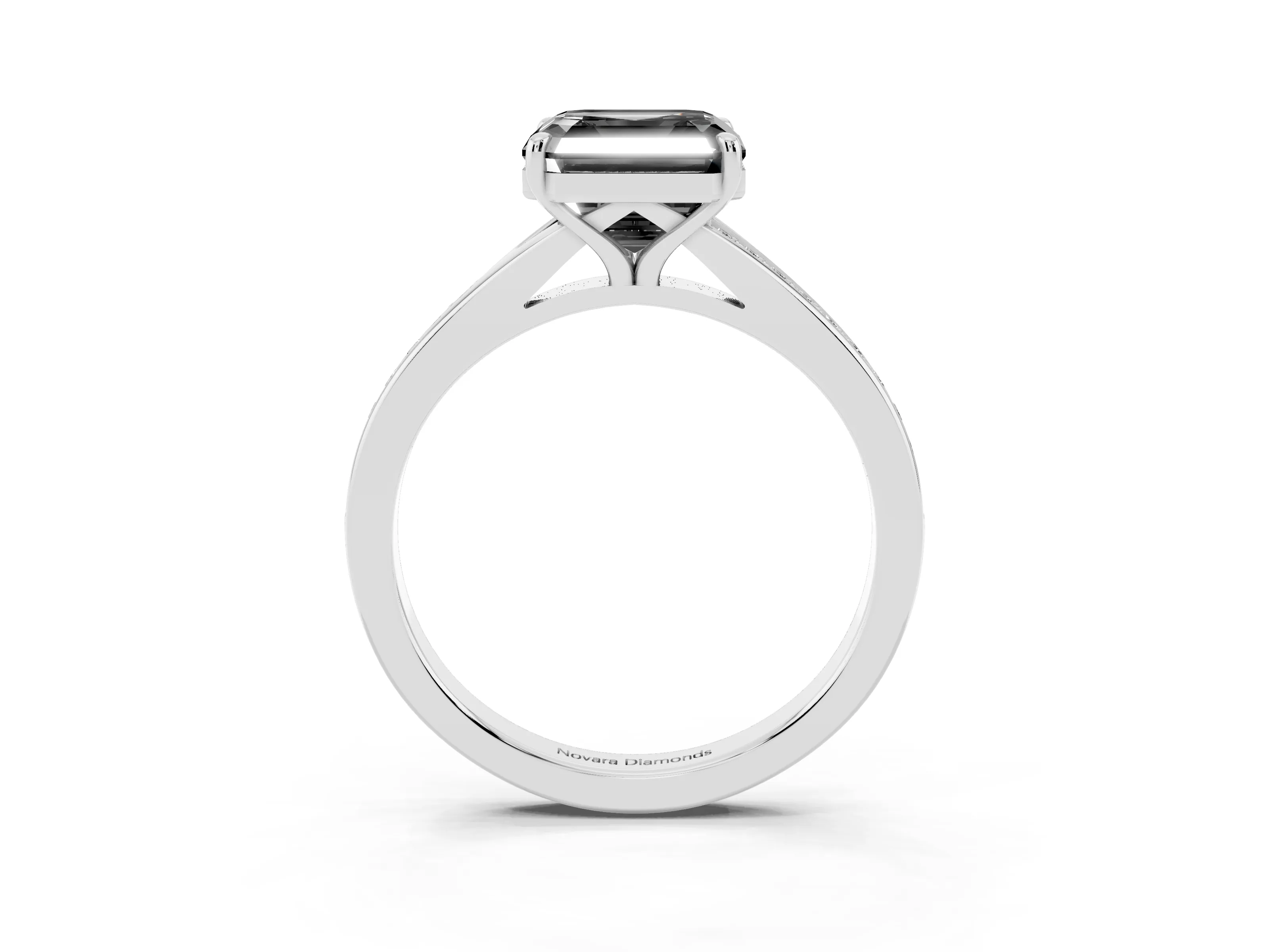 Fancy Black Asscher Cut Diamond Solitaire Ring Set in White gold with Pavé Accent Band and Classic Prong Setting