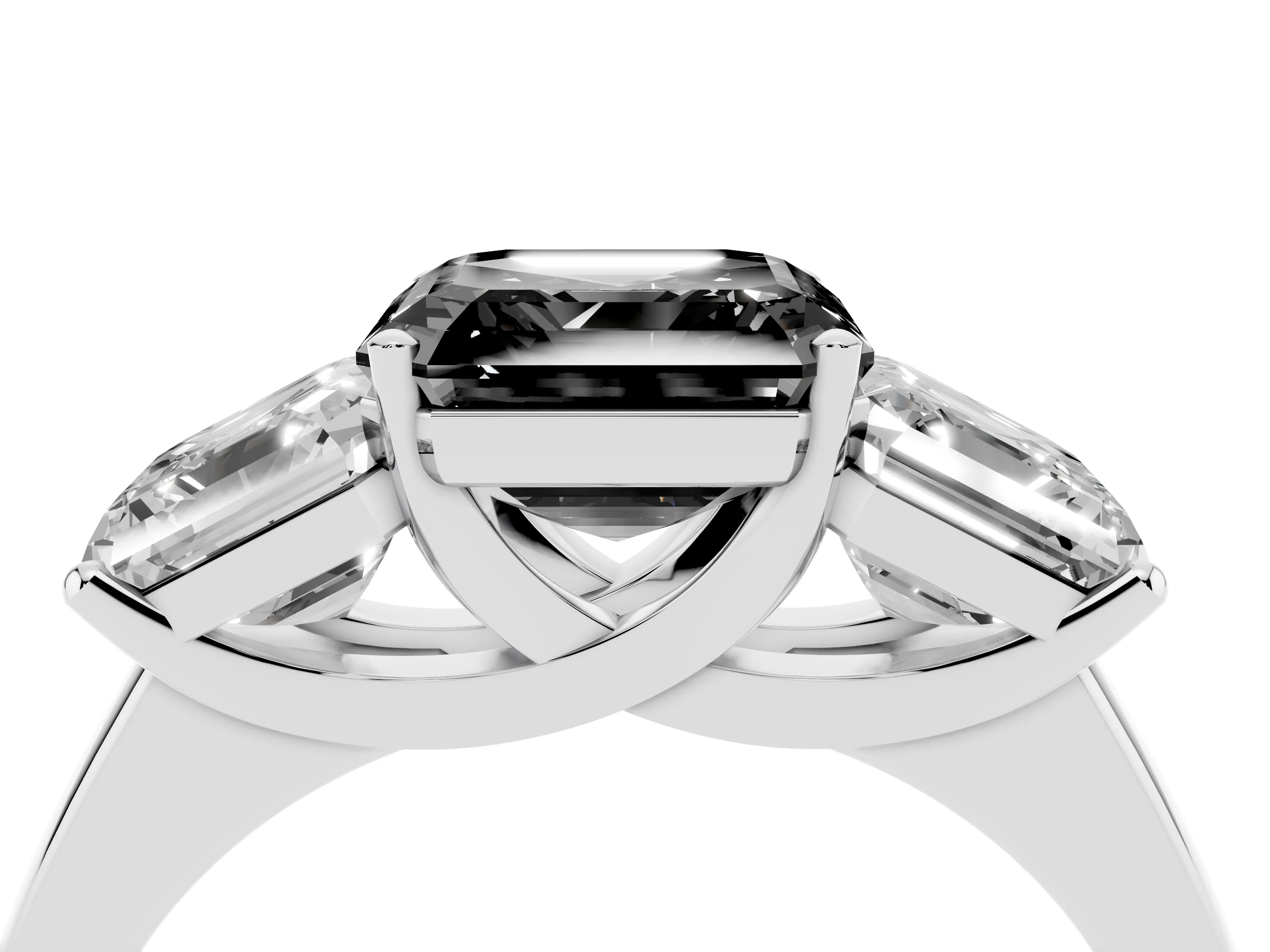 Fancy Black Asscher Cut Diamond Three-Stone Ring Set in Silver with Classic Prong Setting and Plain Band