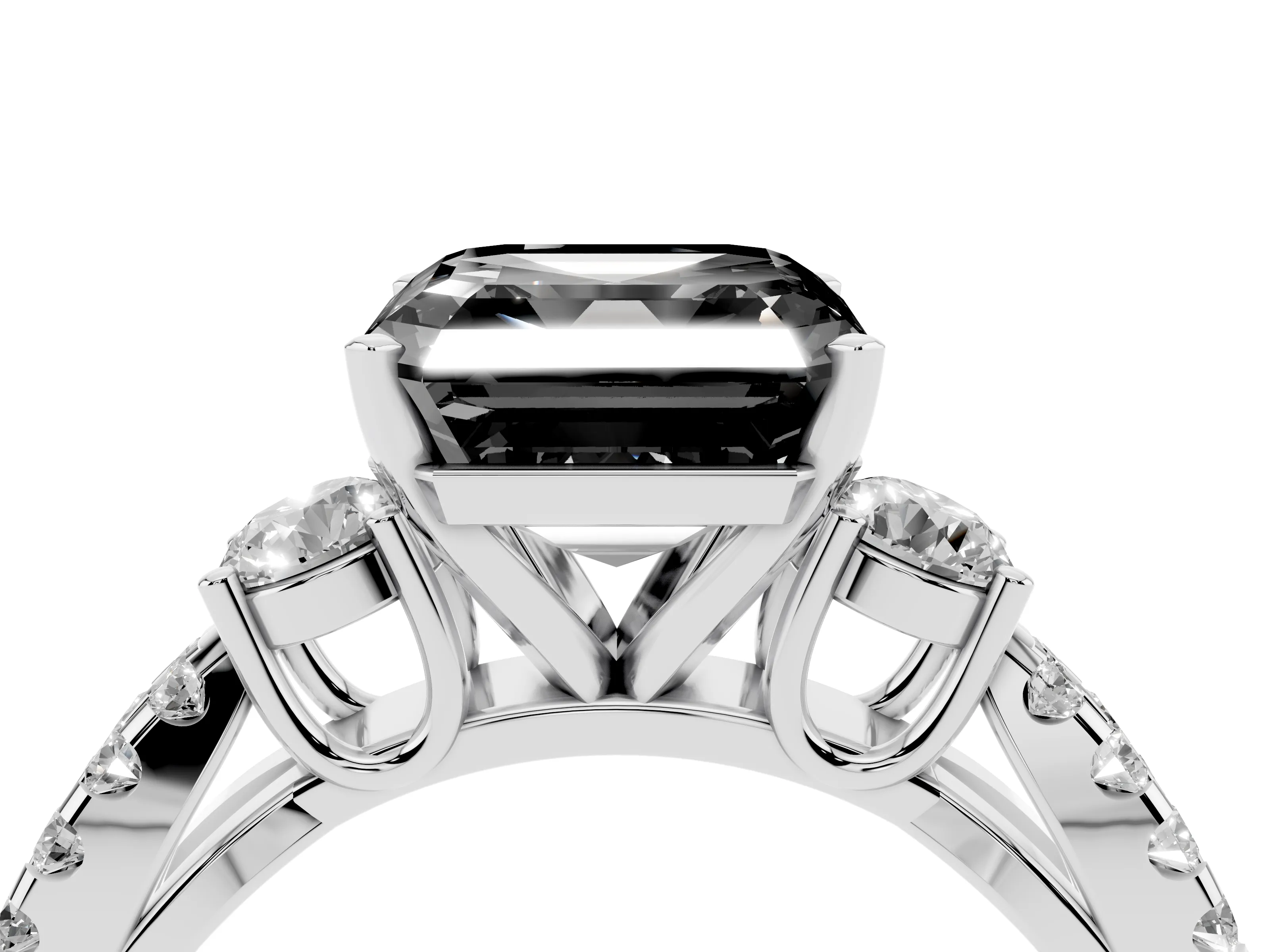 Fancy Black Asscher Cut Diamond Three-Stone Ring Set in Platinum with Pavé Split Shank and Prong Setting